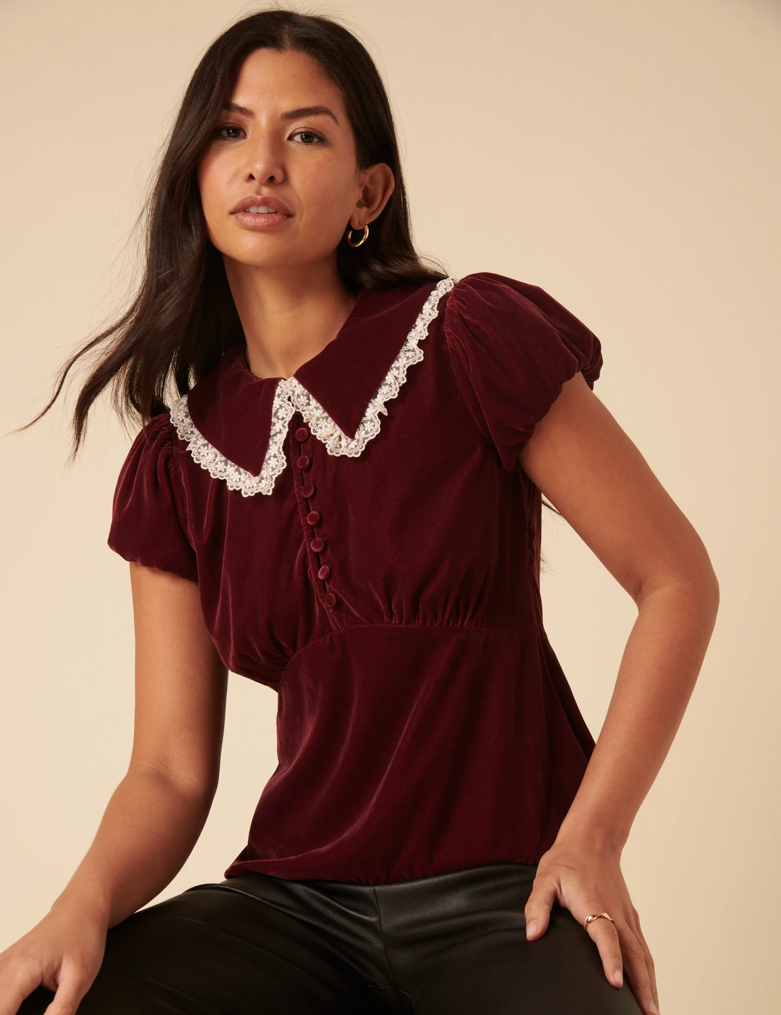 Burgundy Velvet Lace Trim Collar Top - Image 2