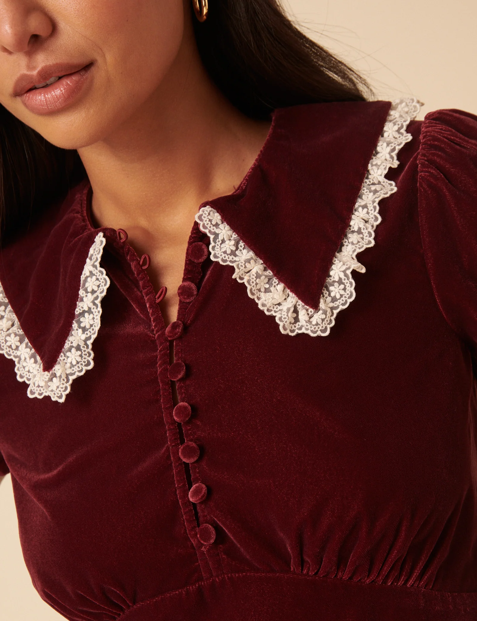 Burgundy Velvet Lace Trim Collar Top - Image 4