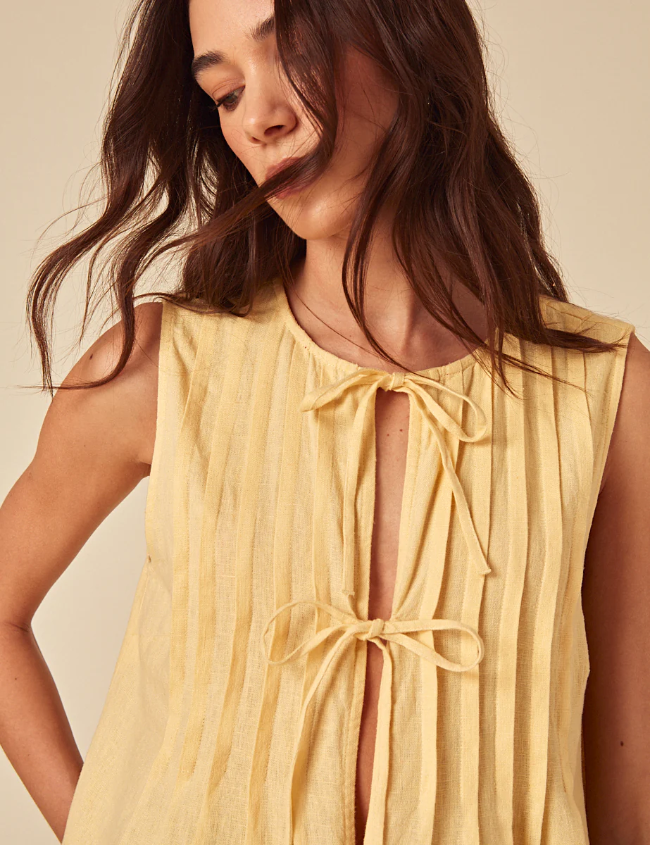Butter Yellow Linen-Blend Tie Front Top - Image 3