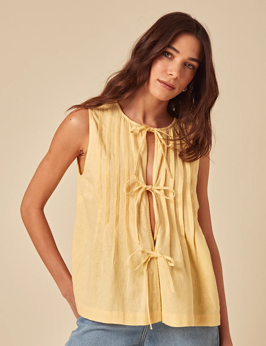 Butter Yellow Linen-Blend Tie Front Top - Image 4