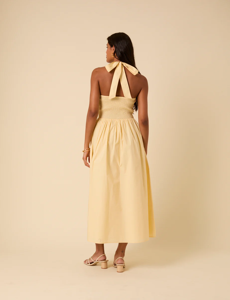 Butter Yellow Shirred Halterneck Tizzy Midi Dress - Image 2