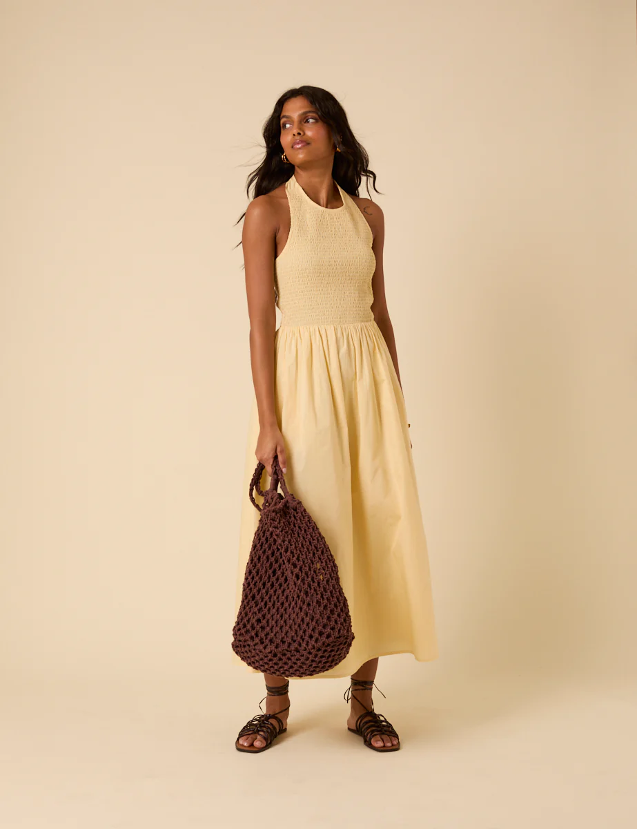 Butter Yellow Shirred Halterneck Tizzy Midi Dress - Image 3