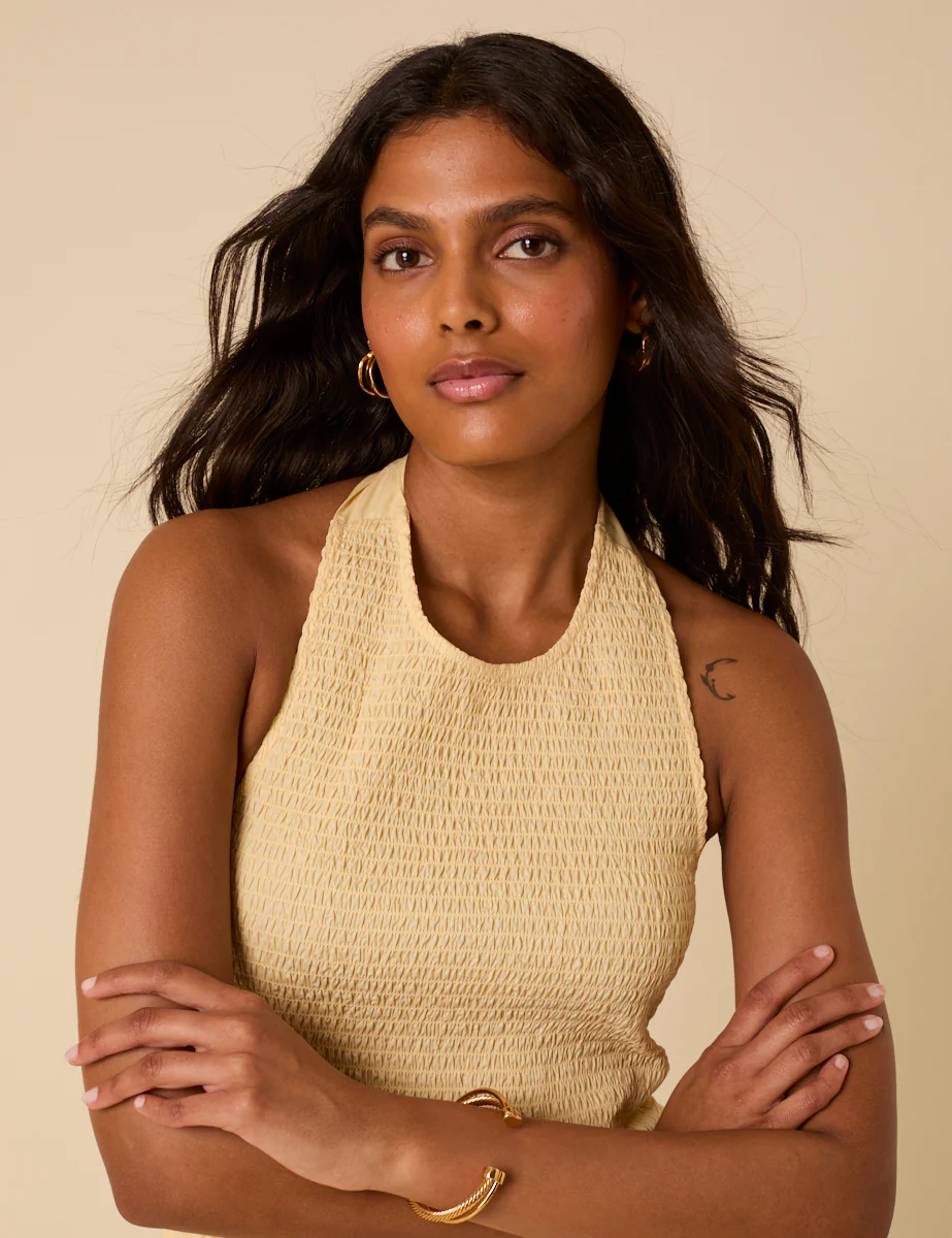 Butter Yellow Shirred Halterneck Tizzy Midi Dress - Image 4