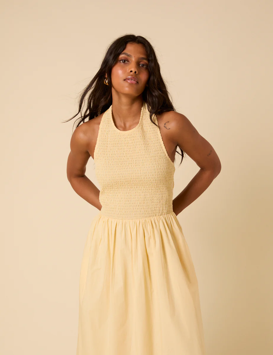 Butter Yellow Shirred Halterneck Tizzy Midi Dress - Image 5