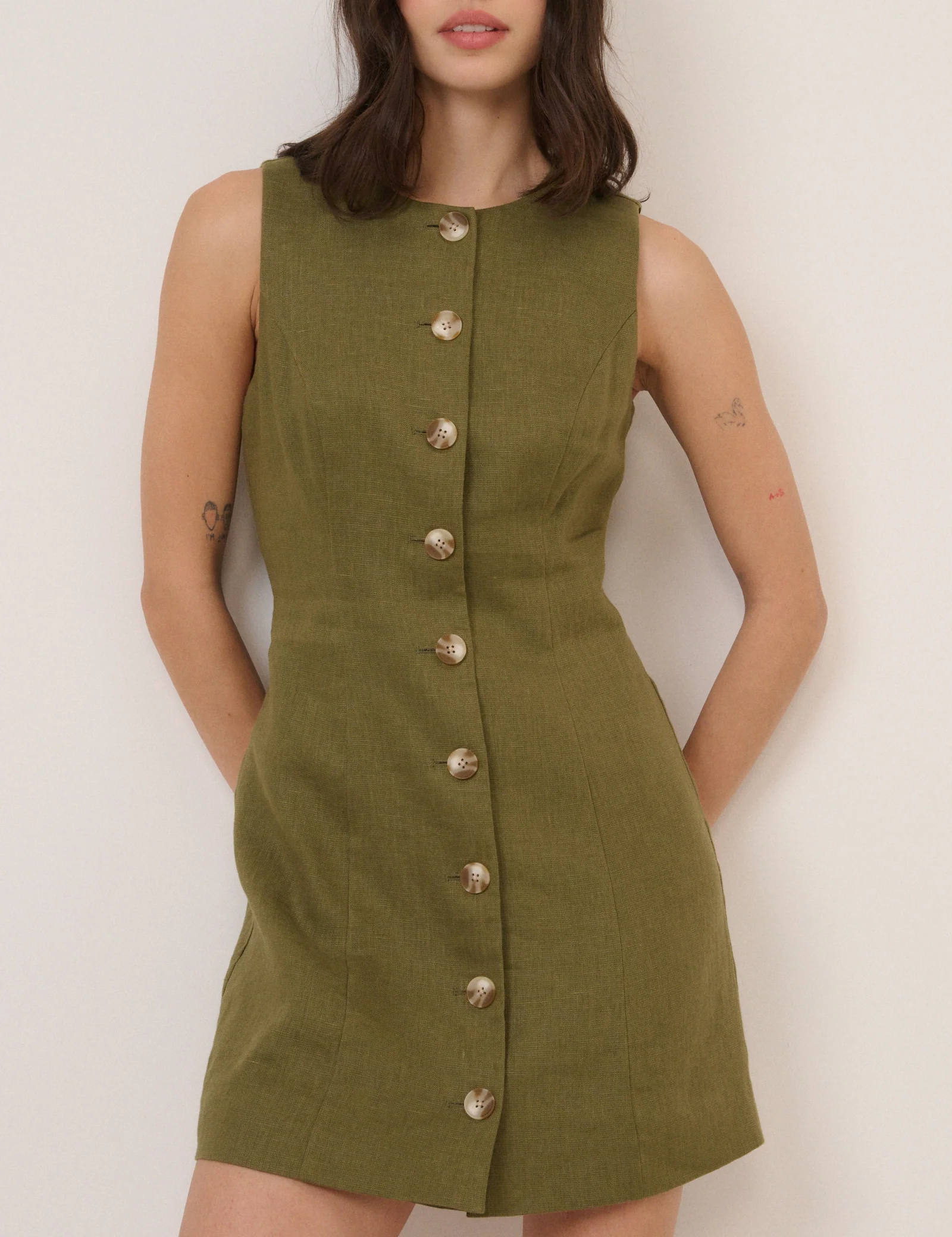 Green Linen-Blend Tailored Mini Dress - Image 3