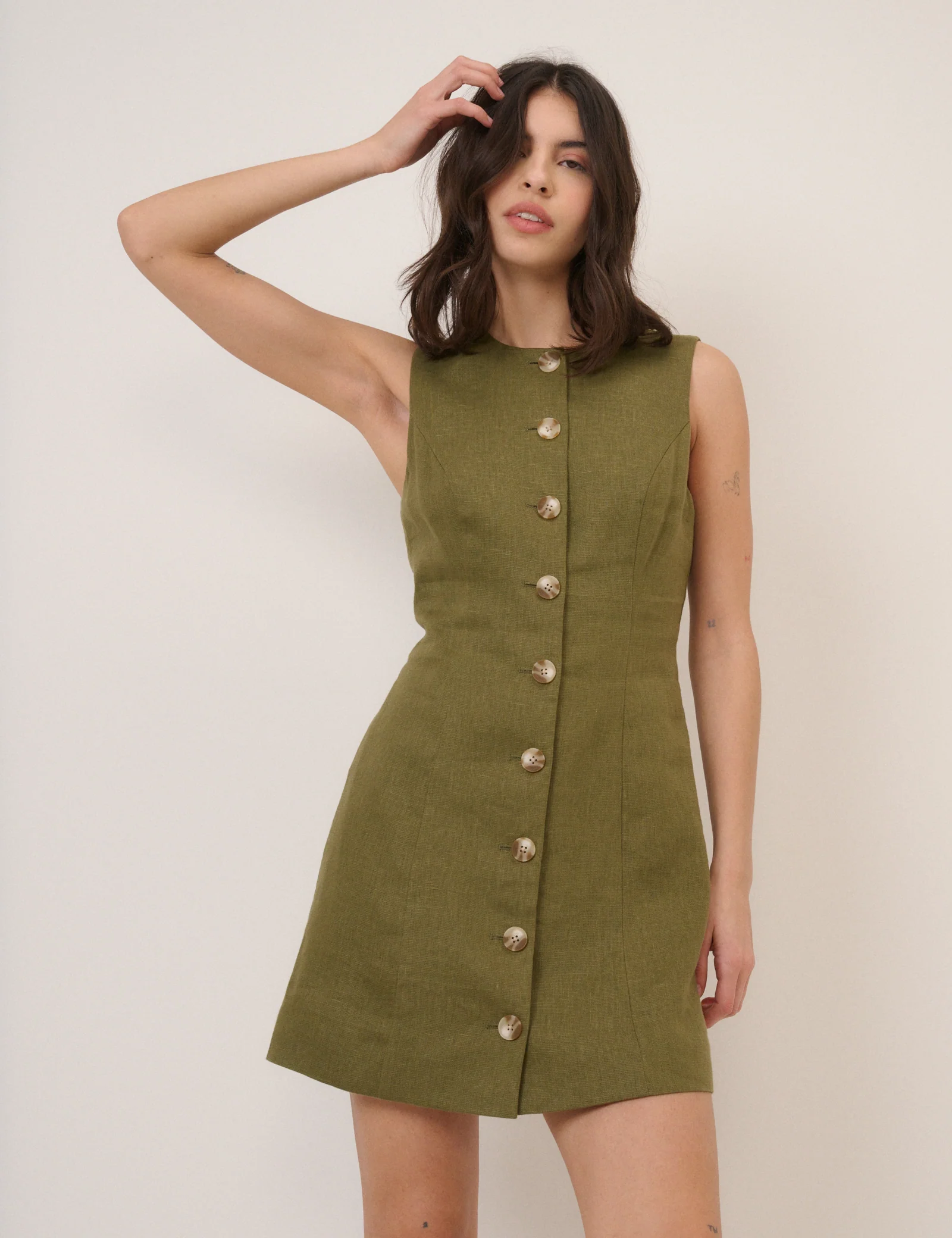 Green Linen-Blend Tailored Mini Dress - Image 4