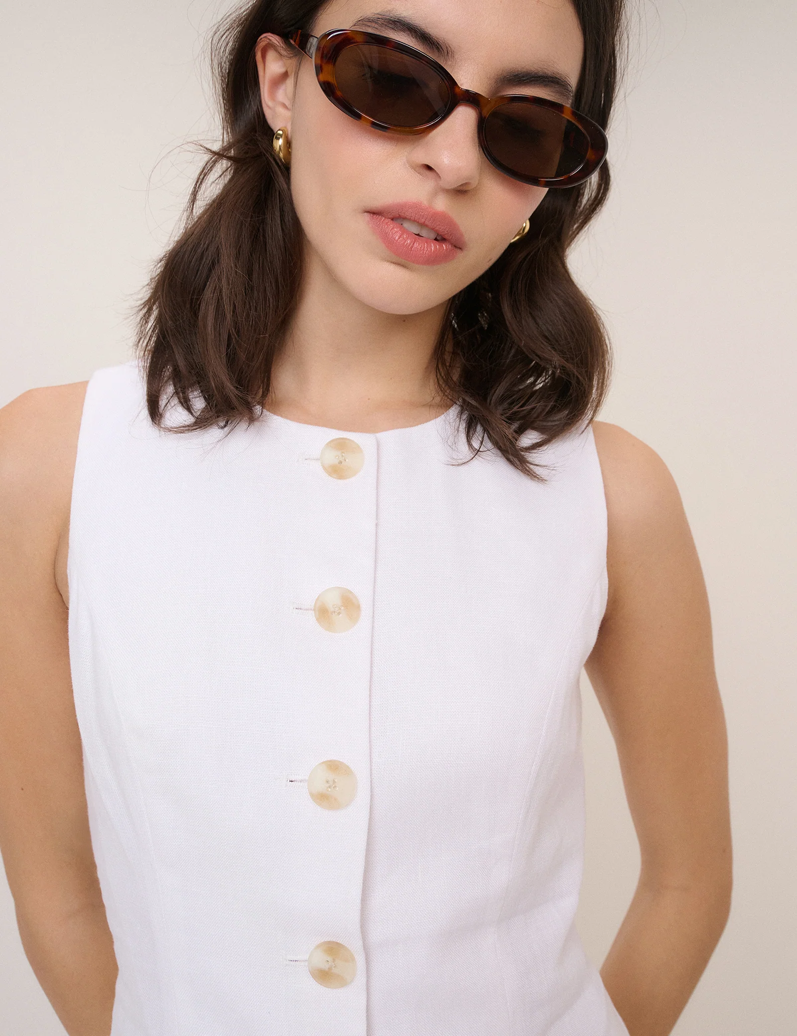 White Linen-Blend Tailored Mini Dress - Image 4