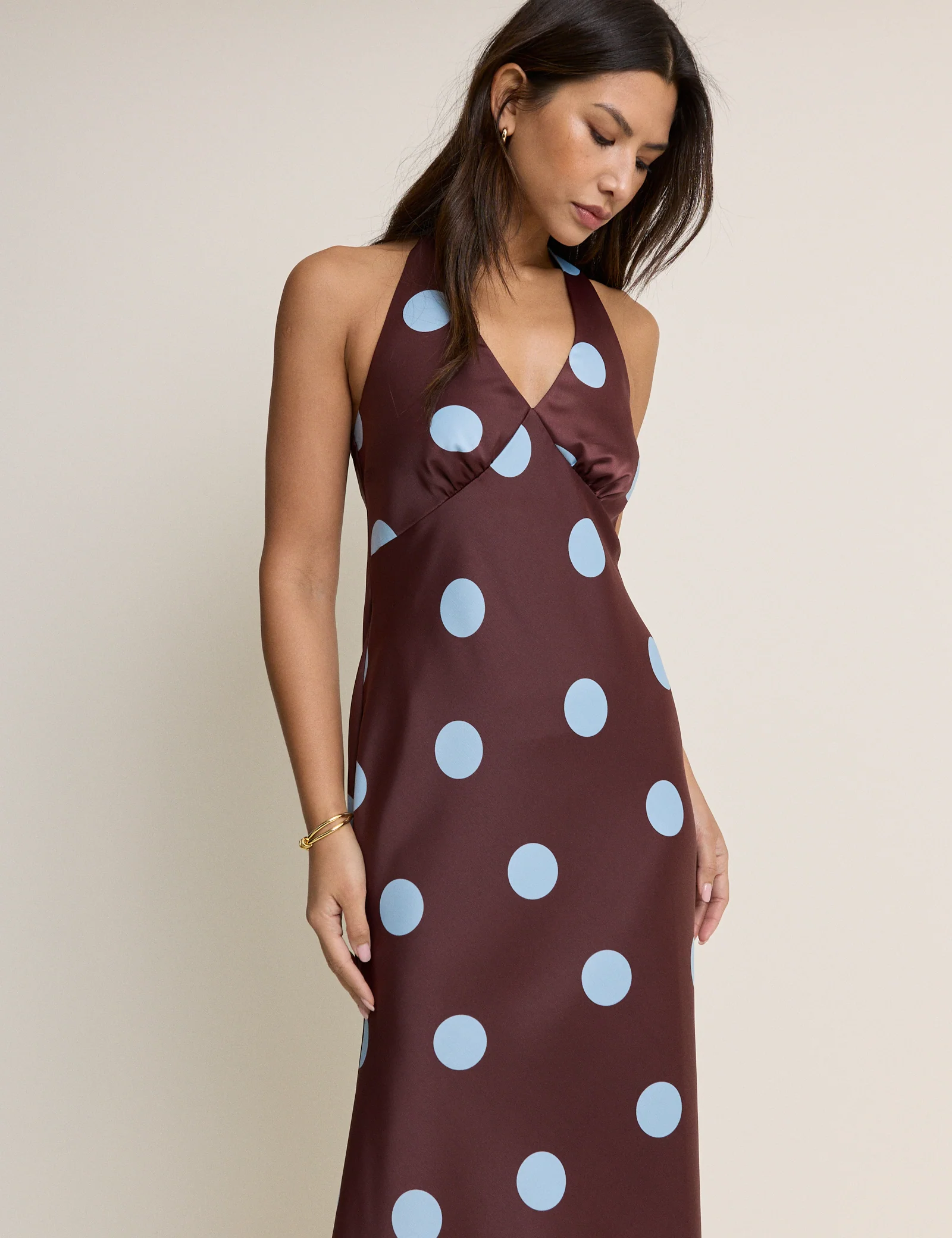 Brown Polka Dot Cali Halterneck Maxi Dress - Image 2