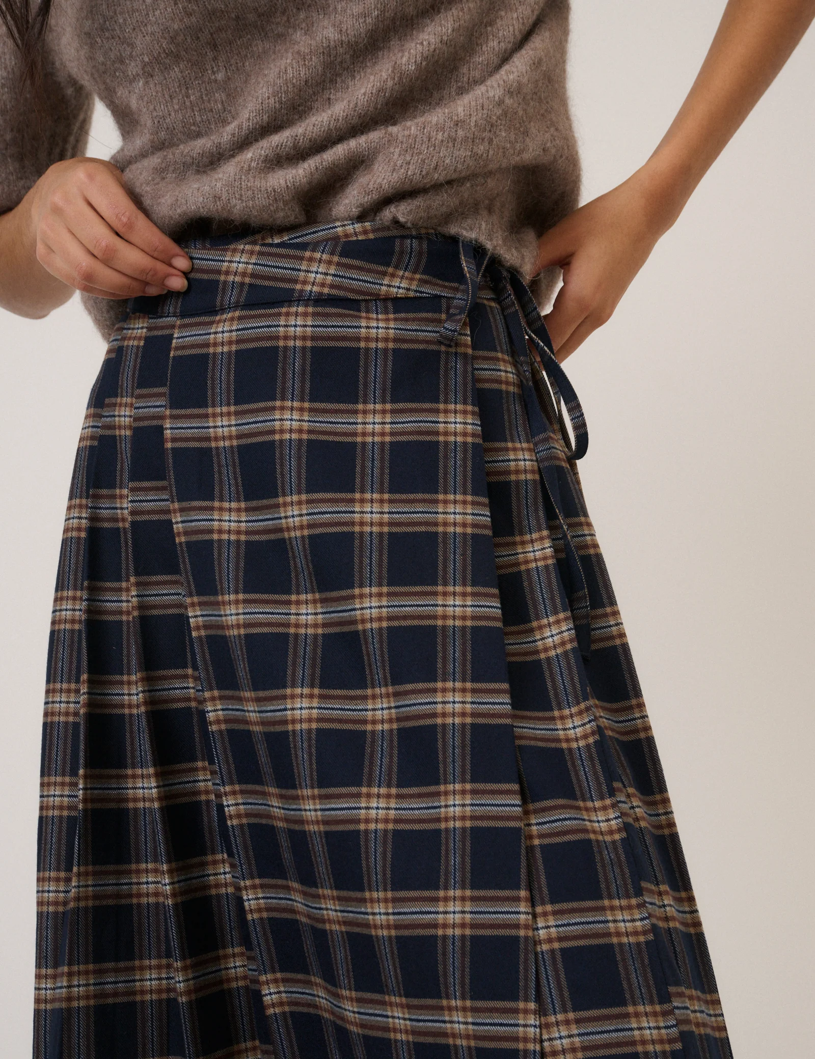 Navy Check Tailored Kilt Midi Skirt - Image 4