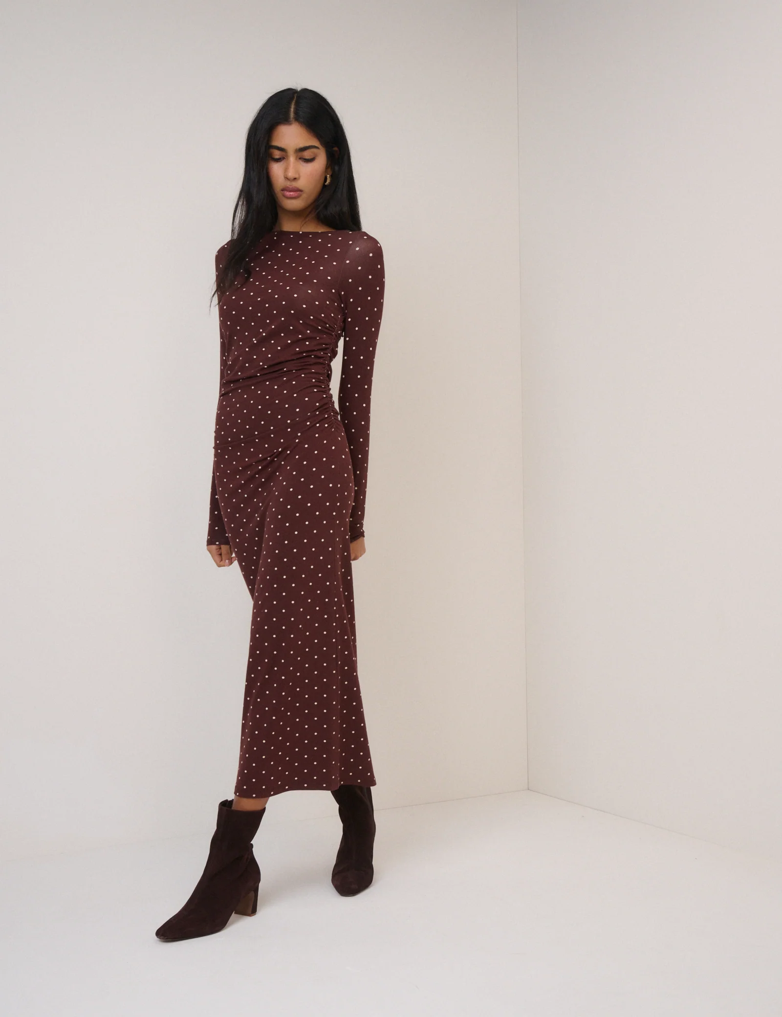 Chocolate Brown Polka Dot Laurella Midi Dress - Image 2