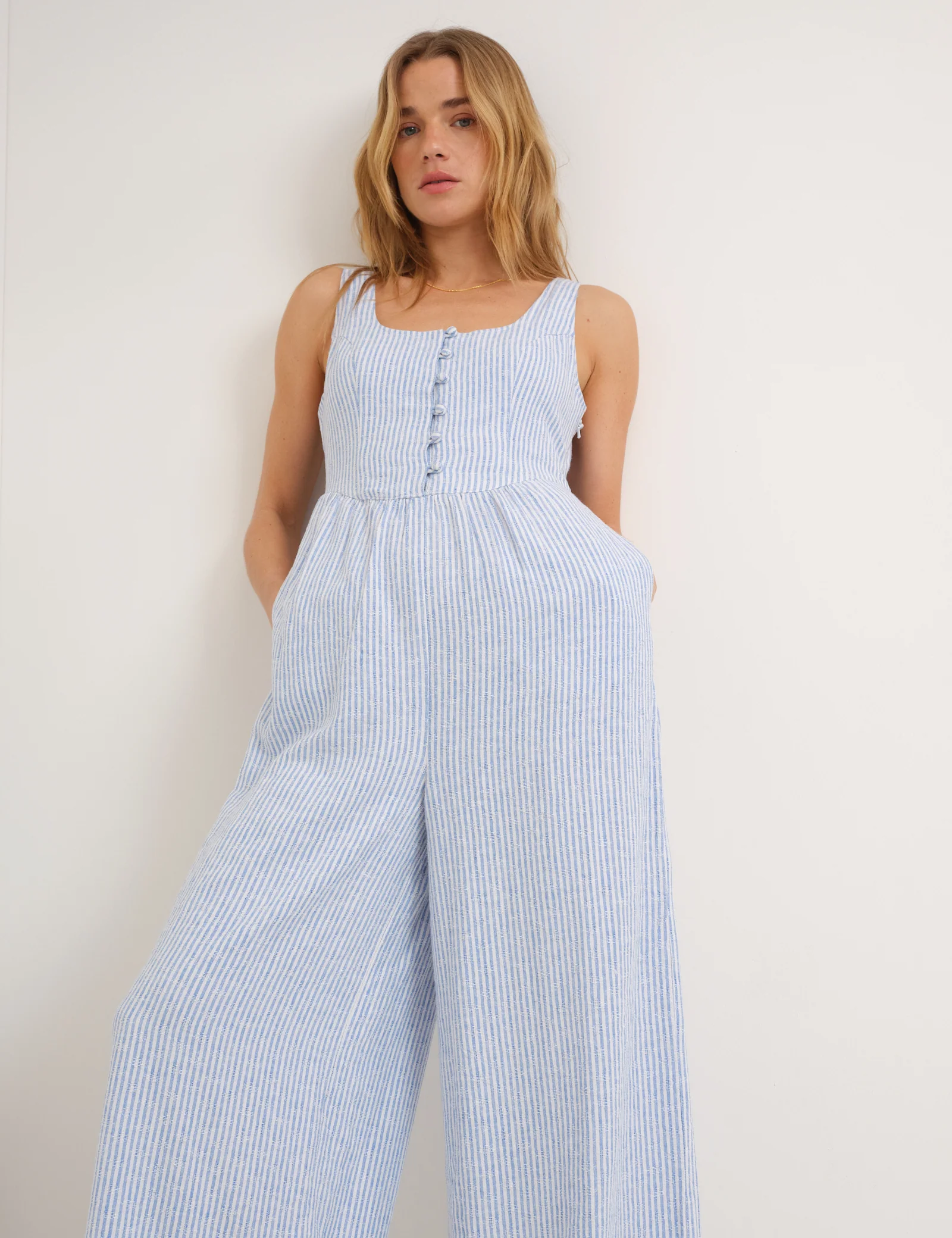 Blue Pinstripe Linen-Blend Cora Jumpsuit - Image 3
