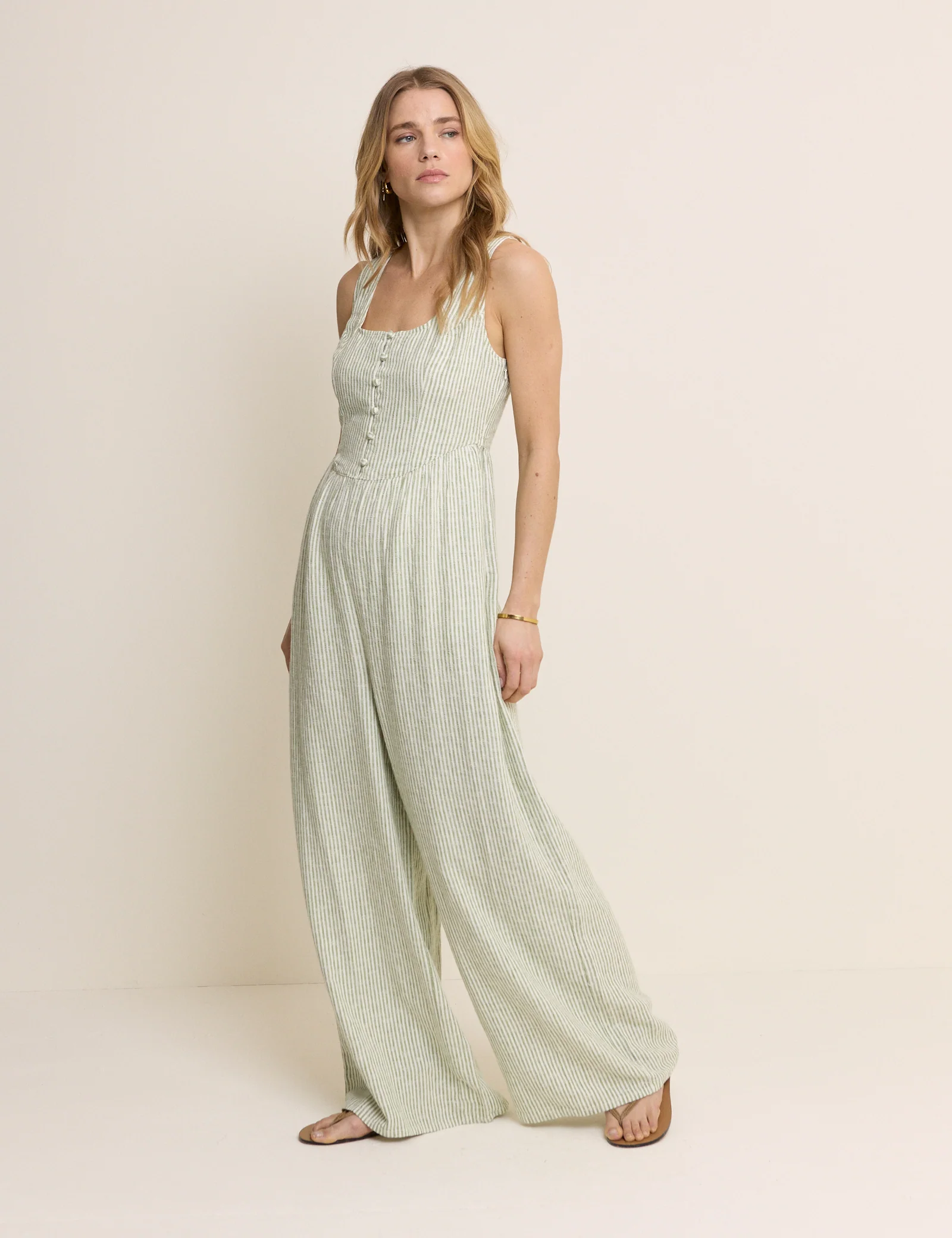 Green Pinstriped Linen-Blend Cora Jumpsuit