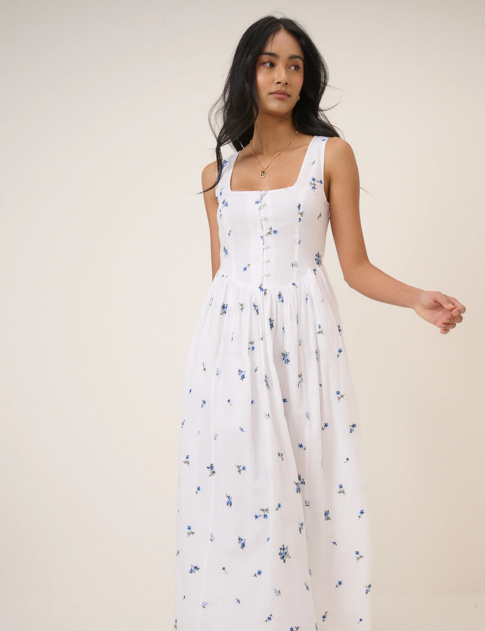 White Floral Drop Waist Cora Midi Dress - Image 4