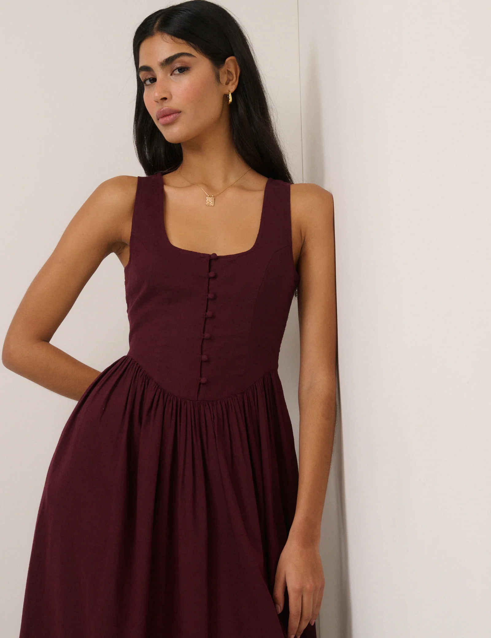 Plum Linen-Blend Drop Waist Cora Midi Dress - Image 2