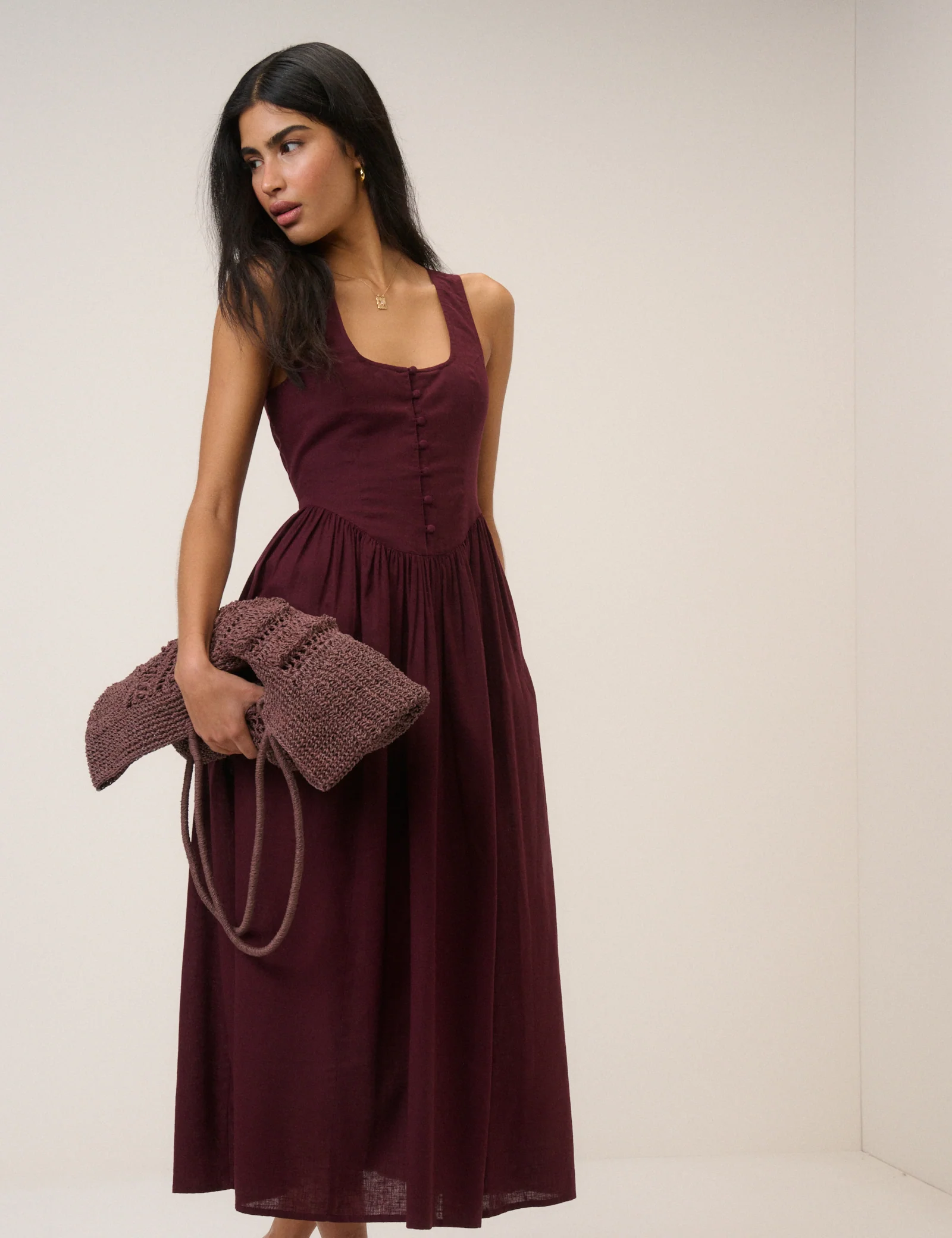 Plum Linen-Blend Drop Waist Cora Midi Dress - Image 3