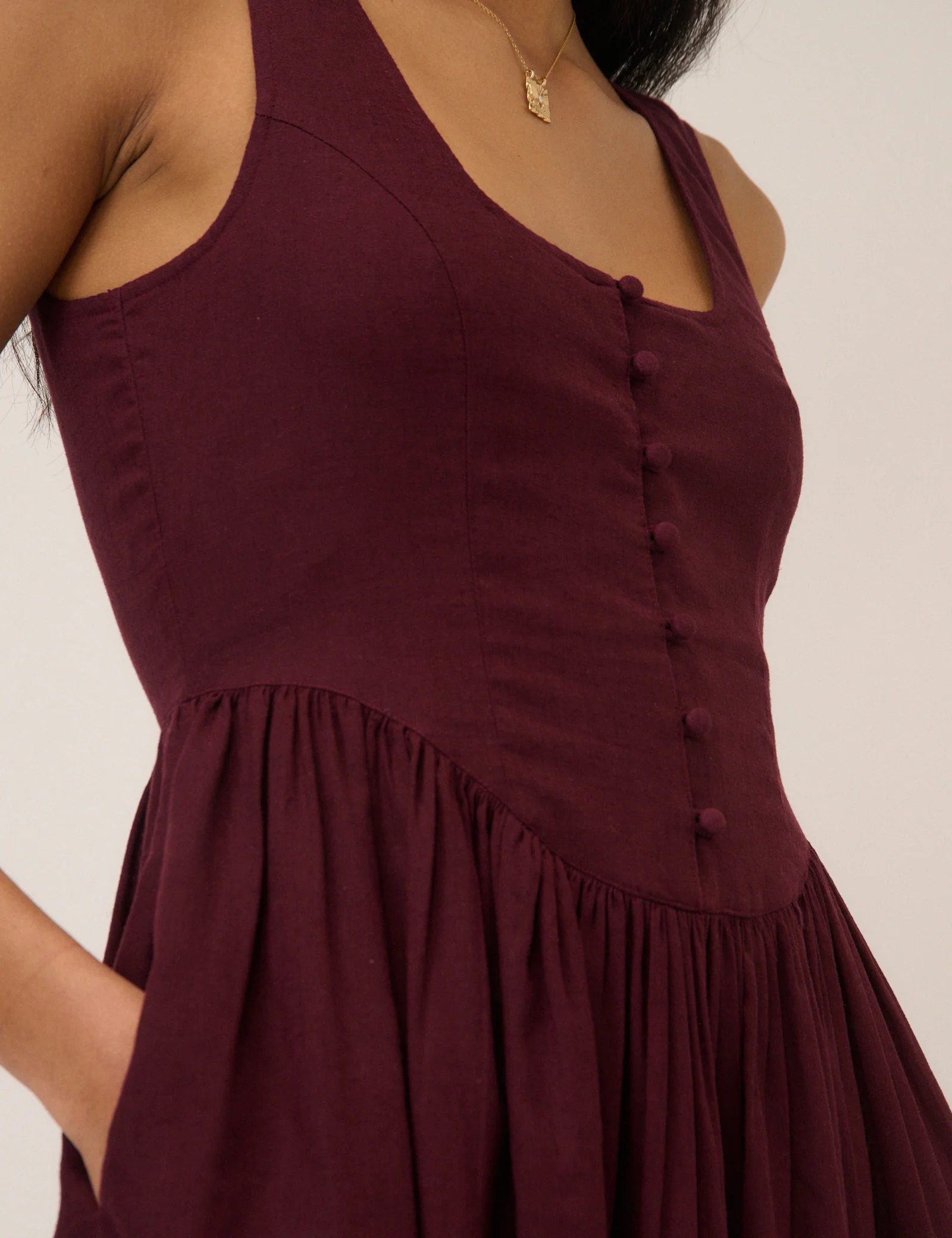 Plum Linen-Blend Drop Waist Cora Midi Dress - Image 4