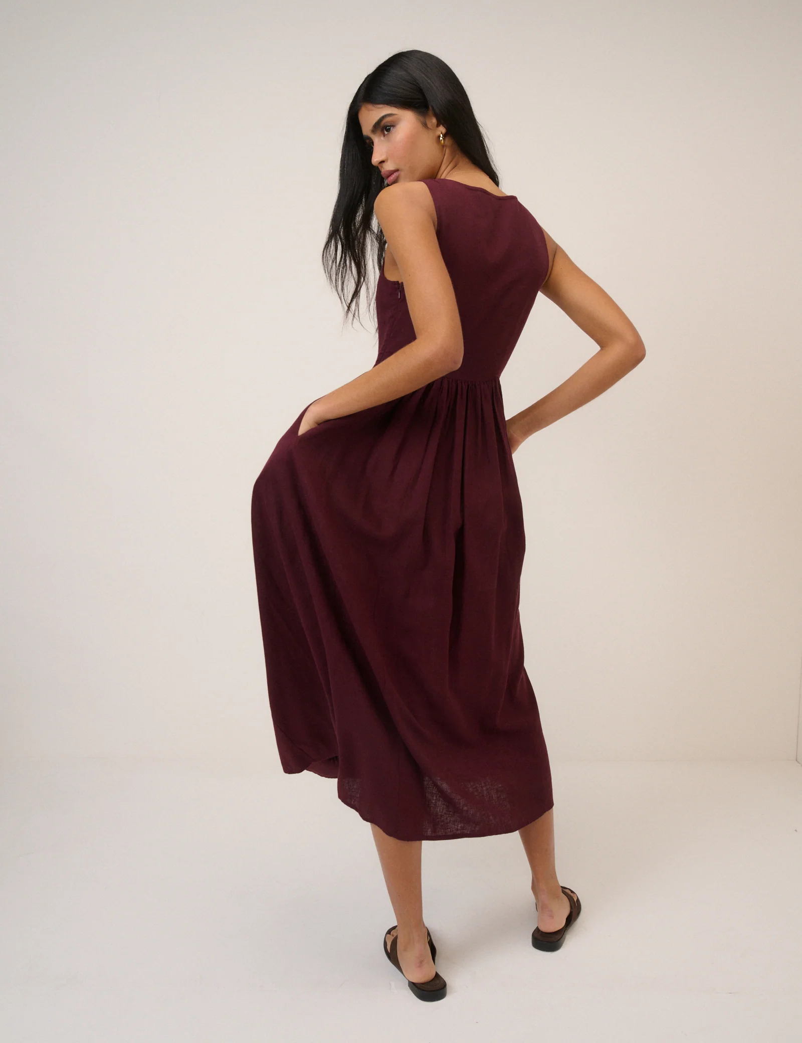 Plum Linen-Blend Drop Waist Cora Midi Dress - Image 5