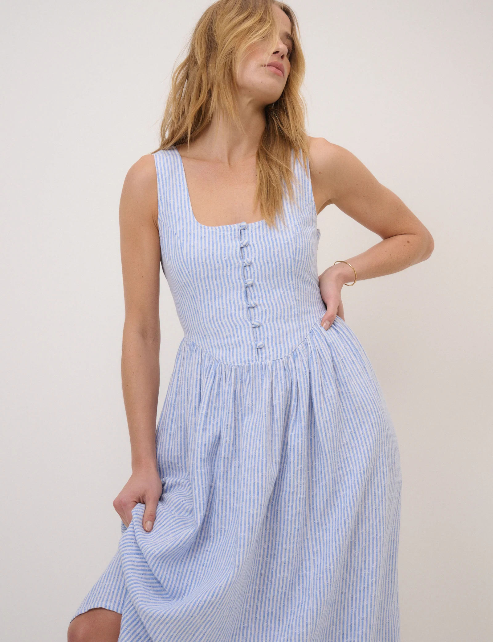 Blue Pinstripe Linen-Blend Drop Waist Cora Midi Dress - Image 2