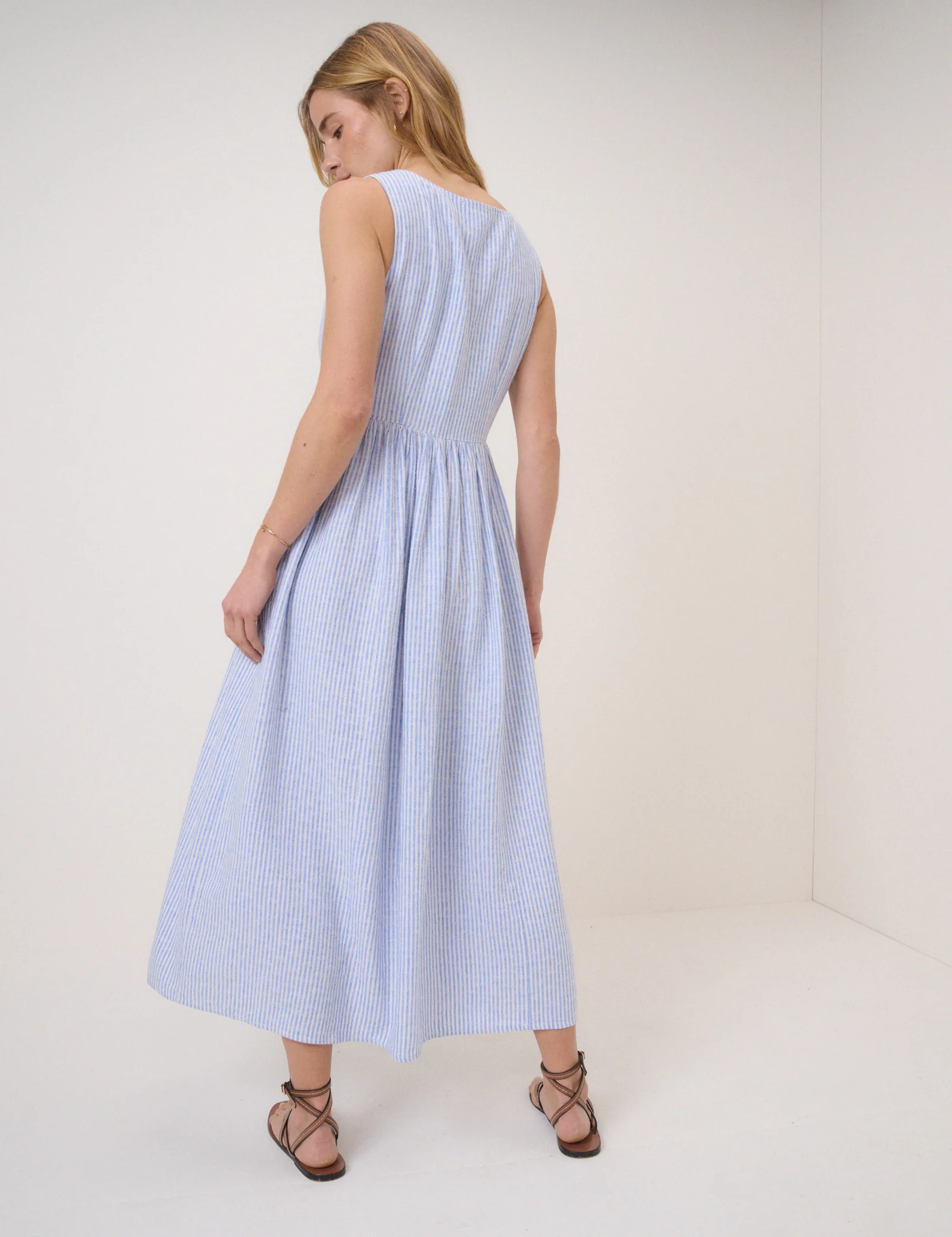Blue Pinstripe Linen-Blend Drop Waist Cora Midi Dress - Image 4