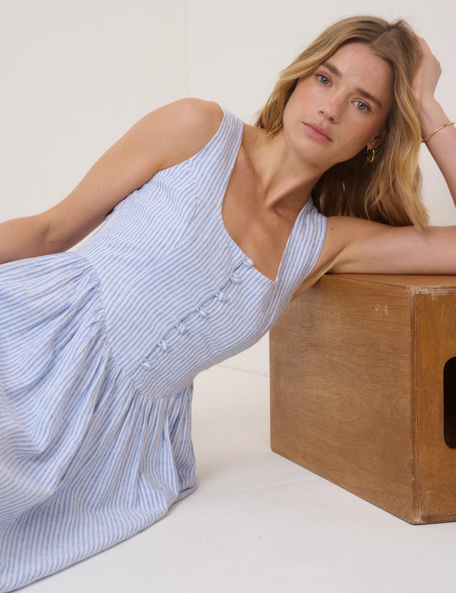 Blue Pinstripe Linen-Blend Drop Waist Cora Midi Dress - Image 5
