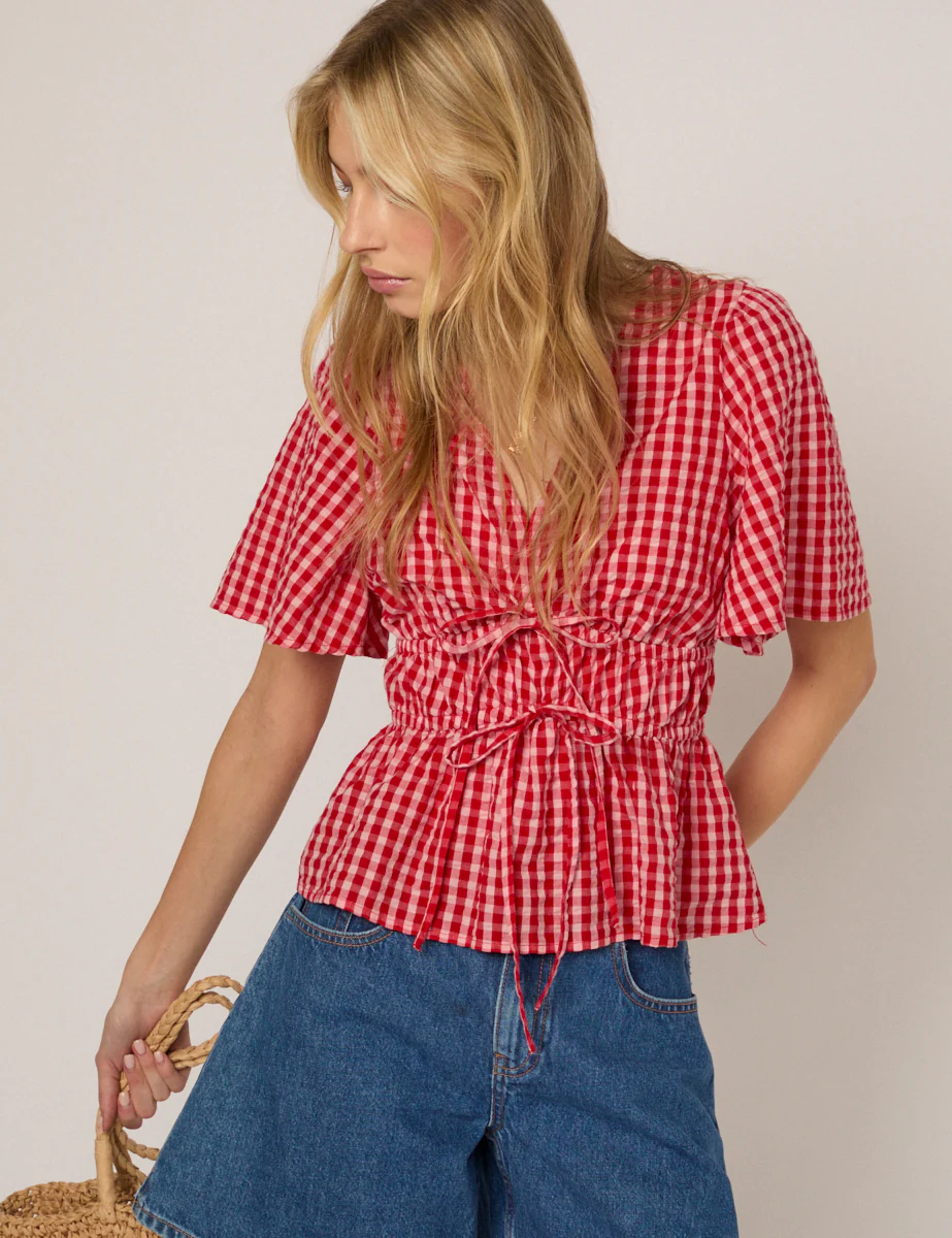 Red V-Neck Gingham Cordelia Top