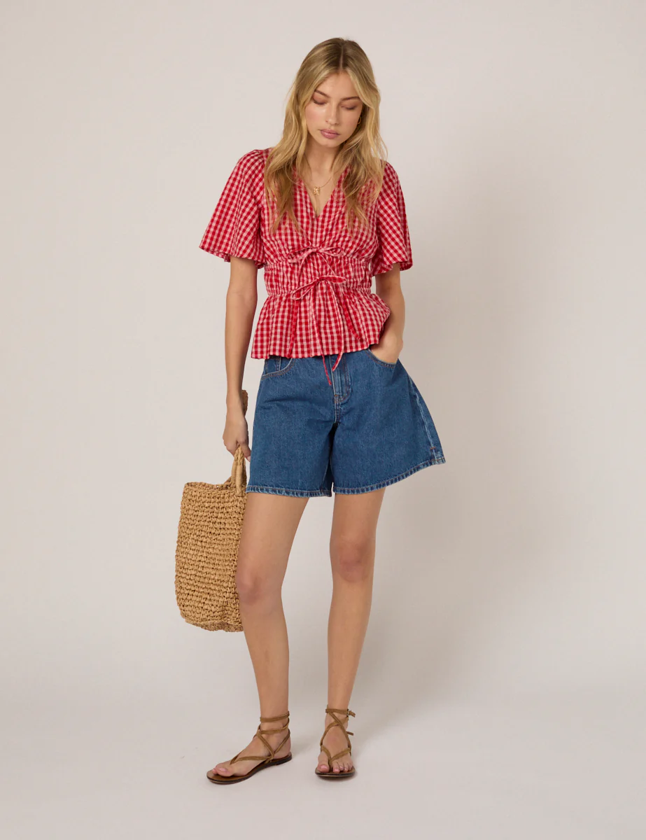Red V-Neck Gingham Cordelia Top - Image 2