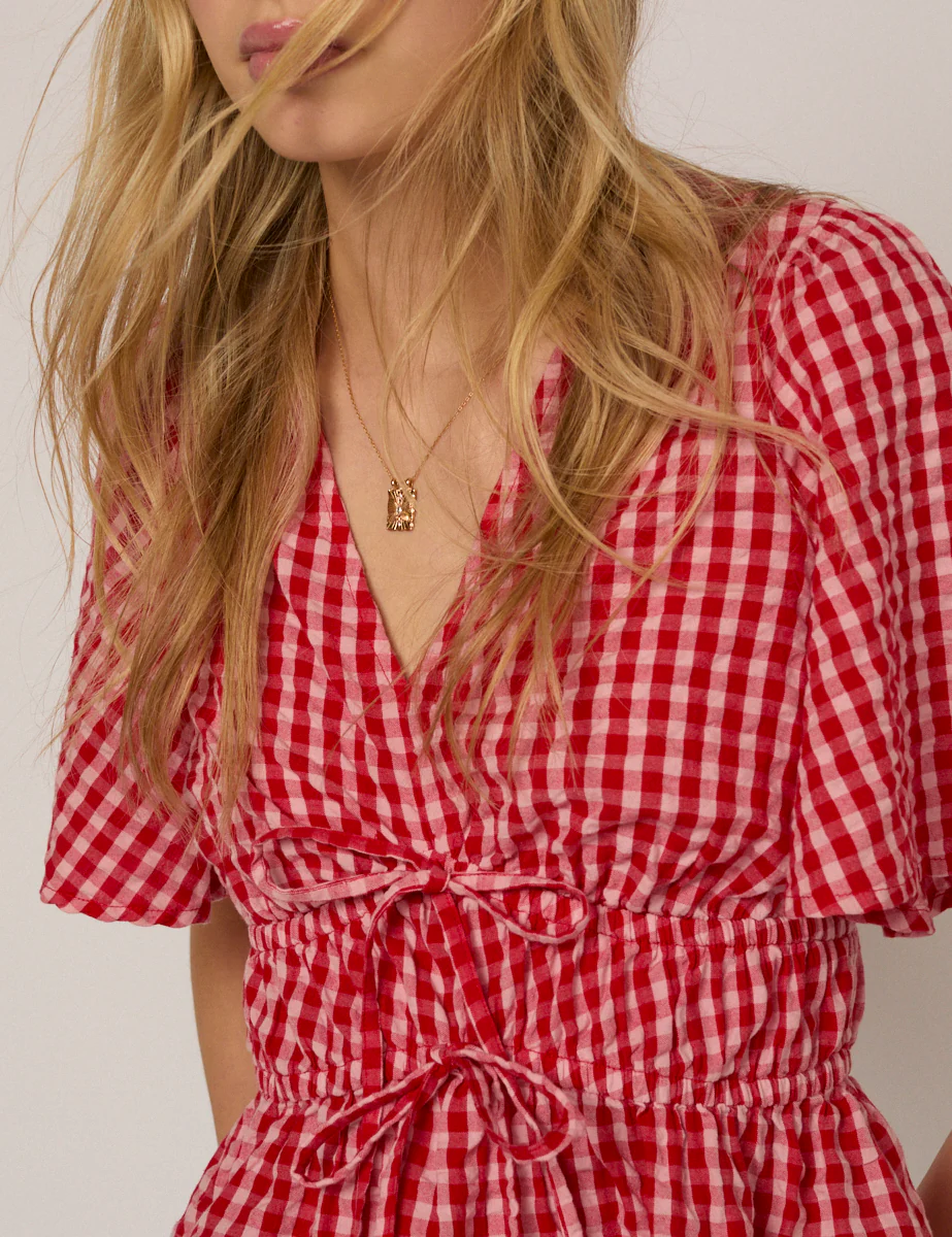 Red V-Neck Gingham Cordelia Top - Image 3