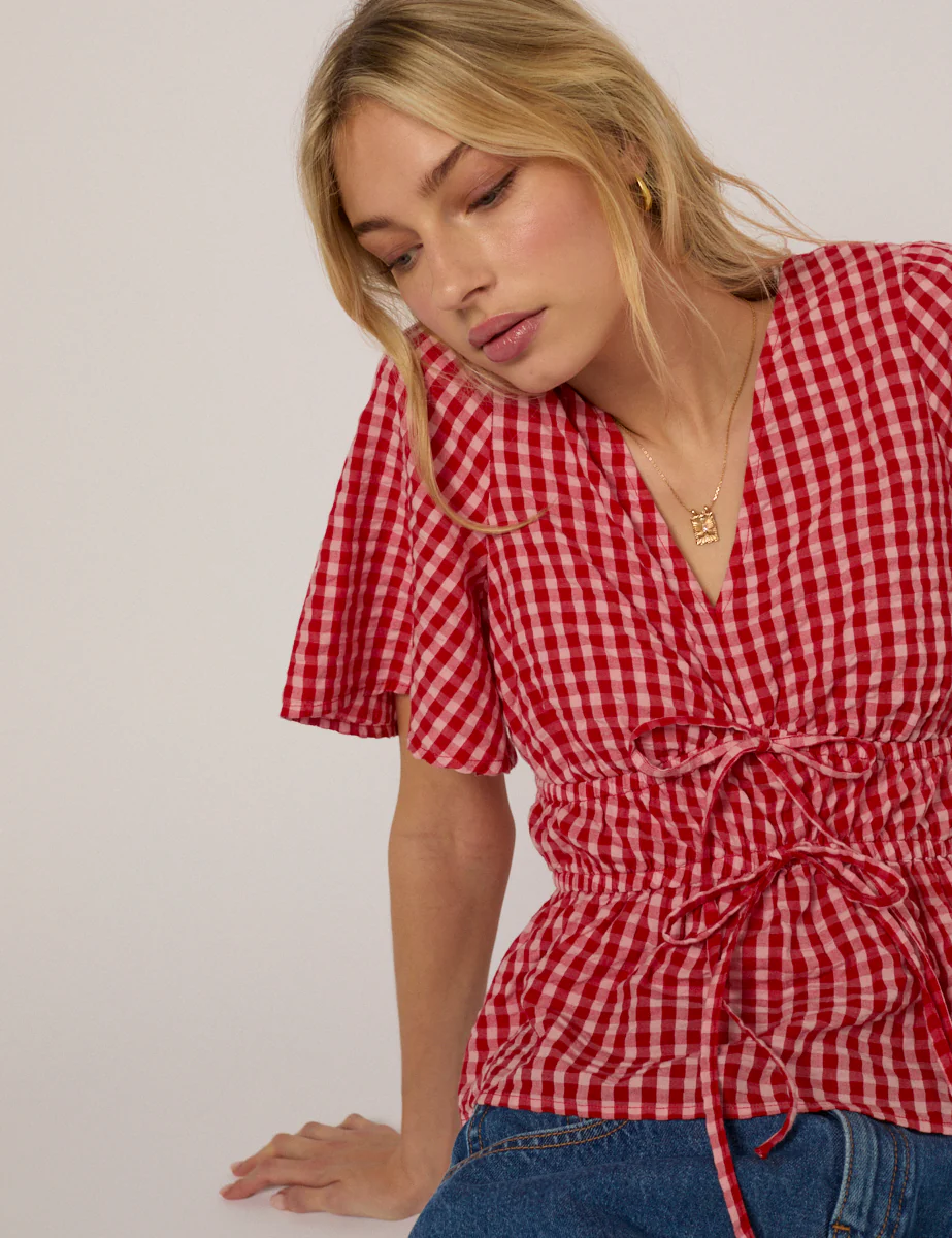 Red V-Neck Gingham Cordelia Top - Image 4