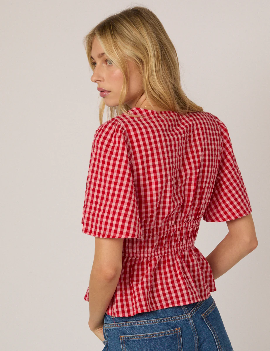Red V-Neck Gingham Cordelia Top - Image 5