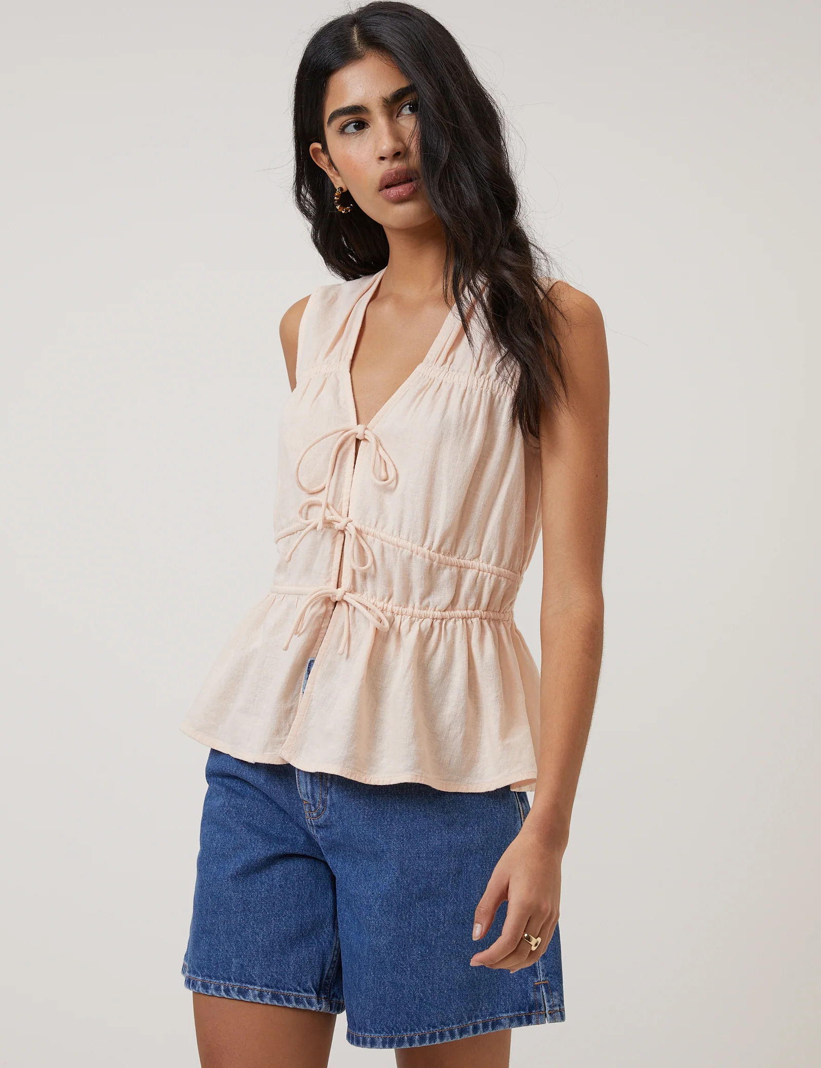 Pink Cordie Ruched Tie Front Linen-Blend Top - Image 2