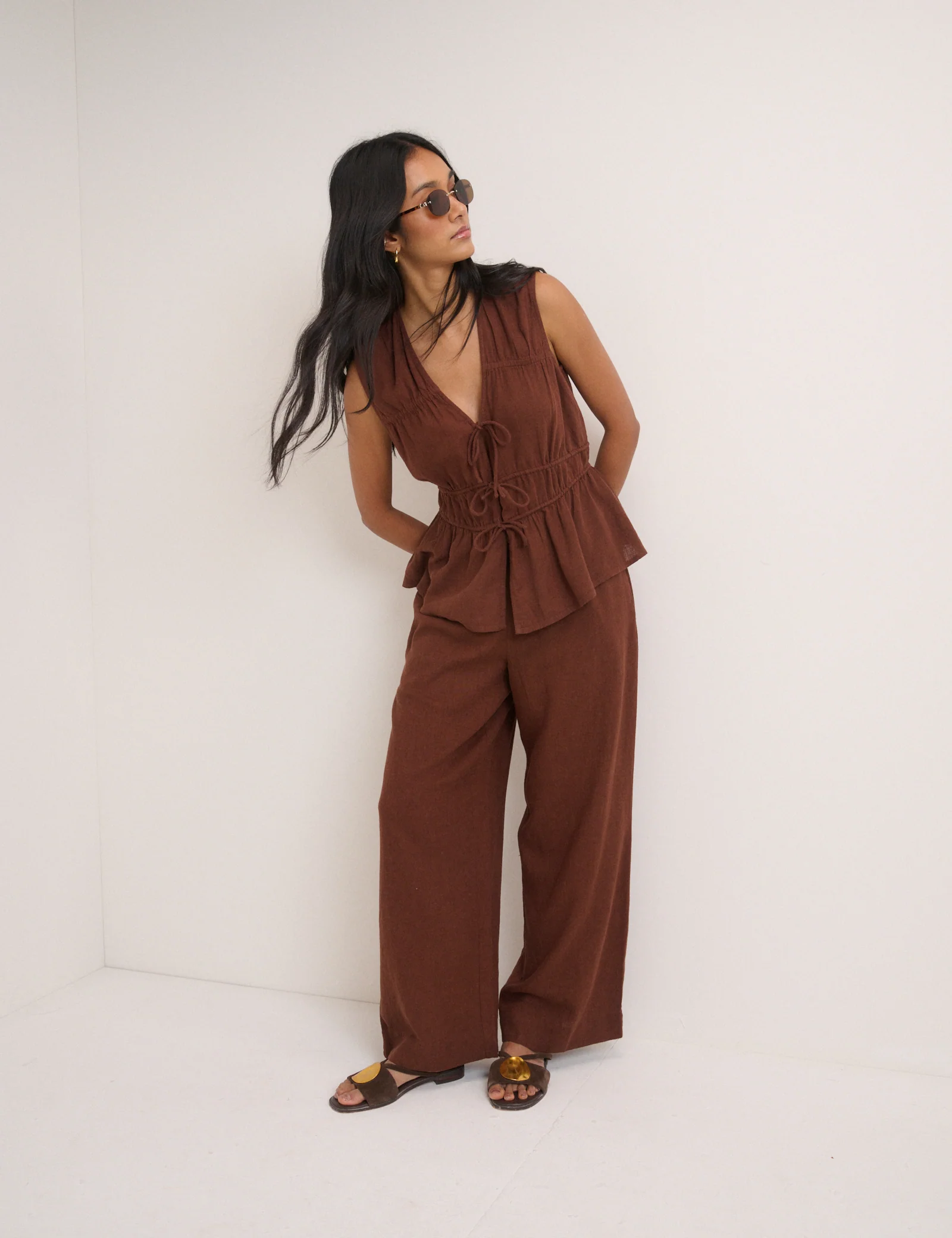 Brown Cordie Ruched Tie Front Linen-Blend Top - Image 4