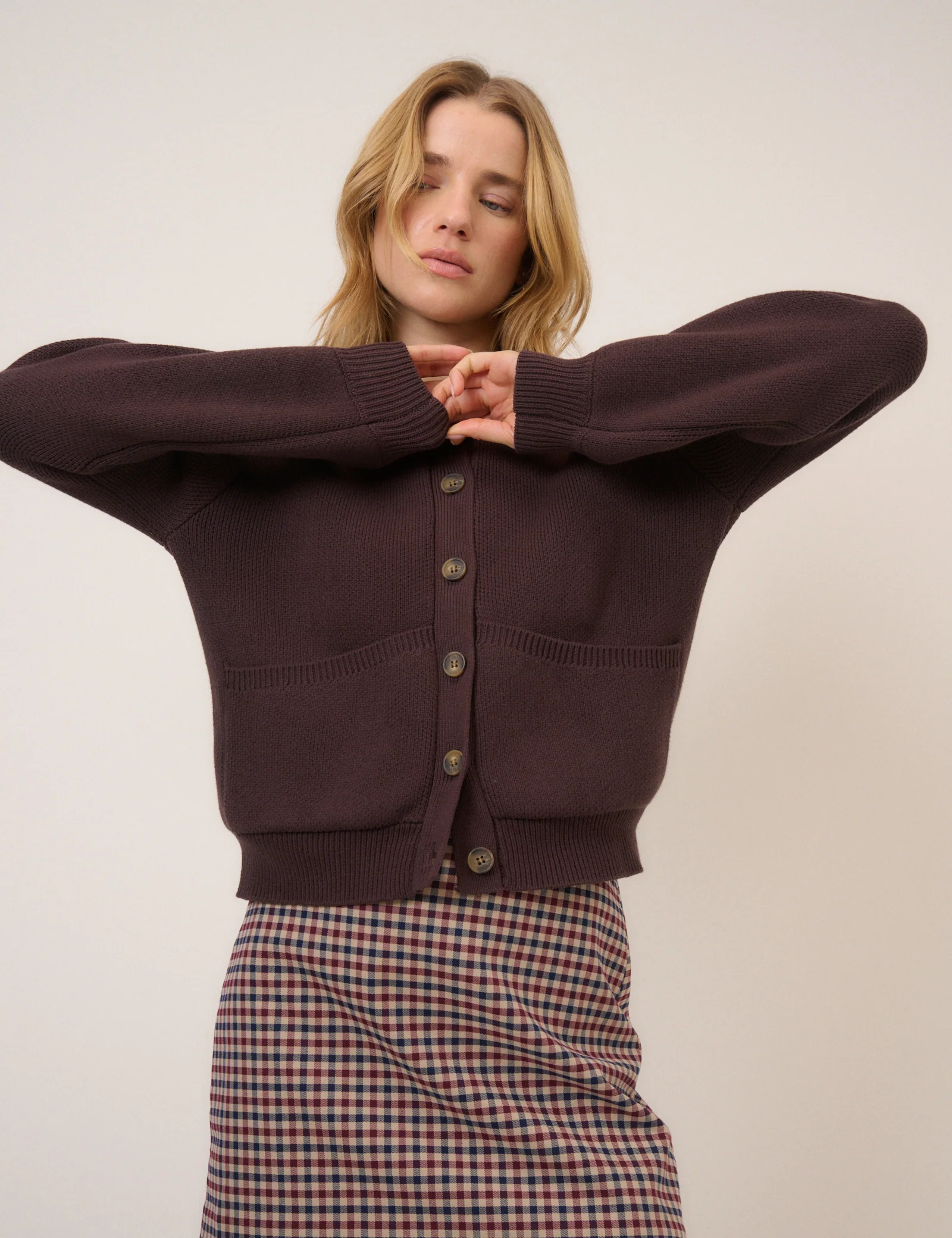 Brown Stitch Bomber Cardigan - Image 3
