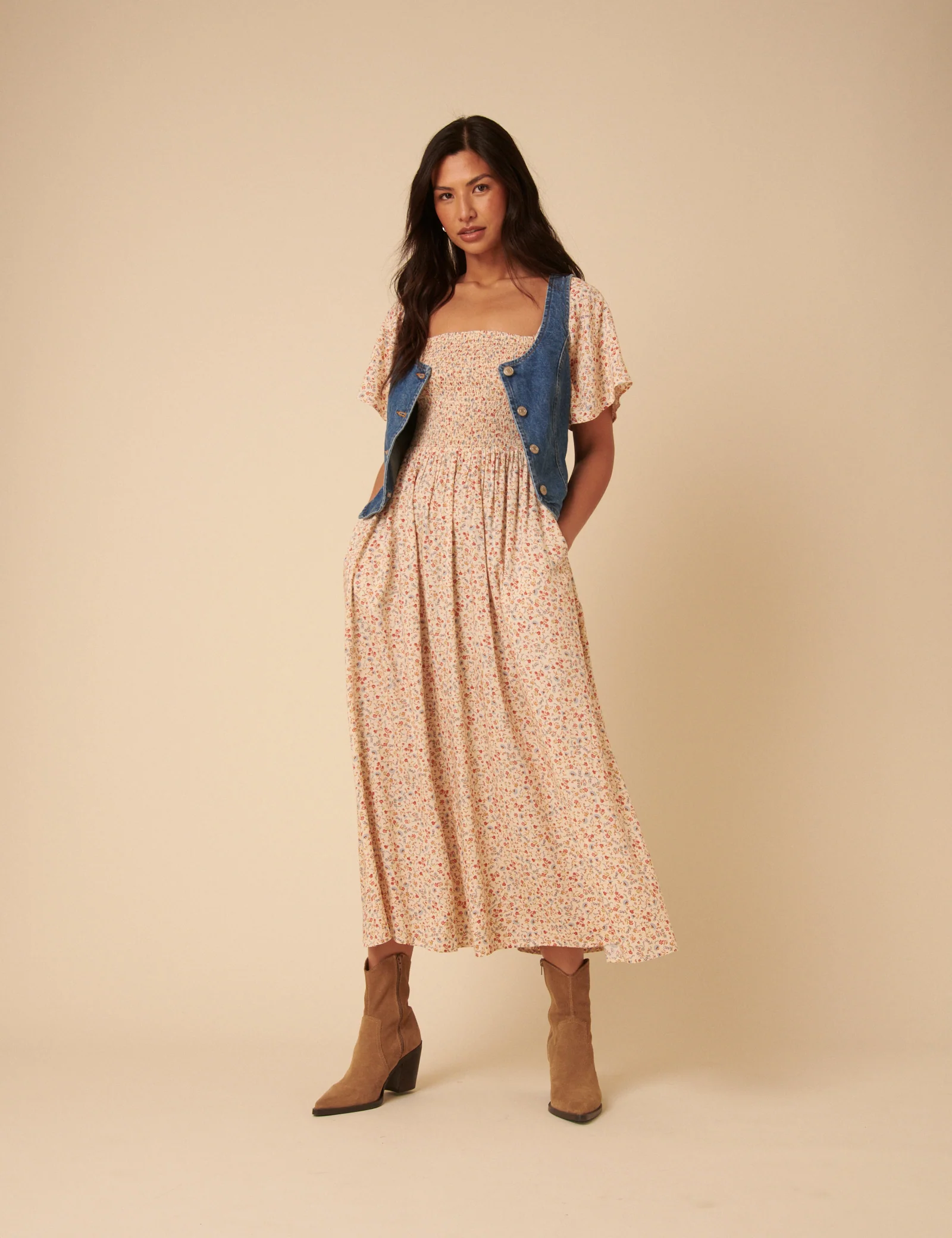 Cream Ditsy Floral Bella Midi Dress - Image 3