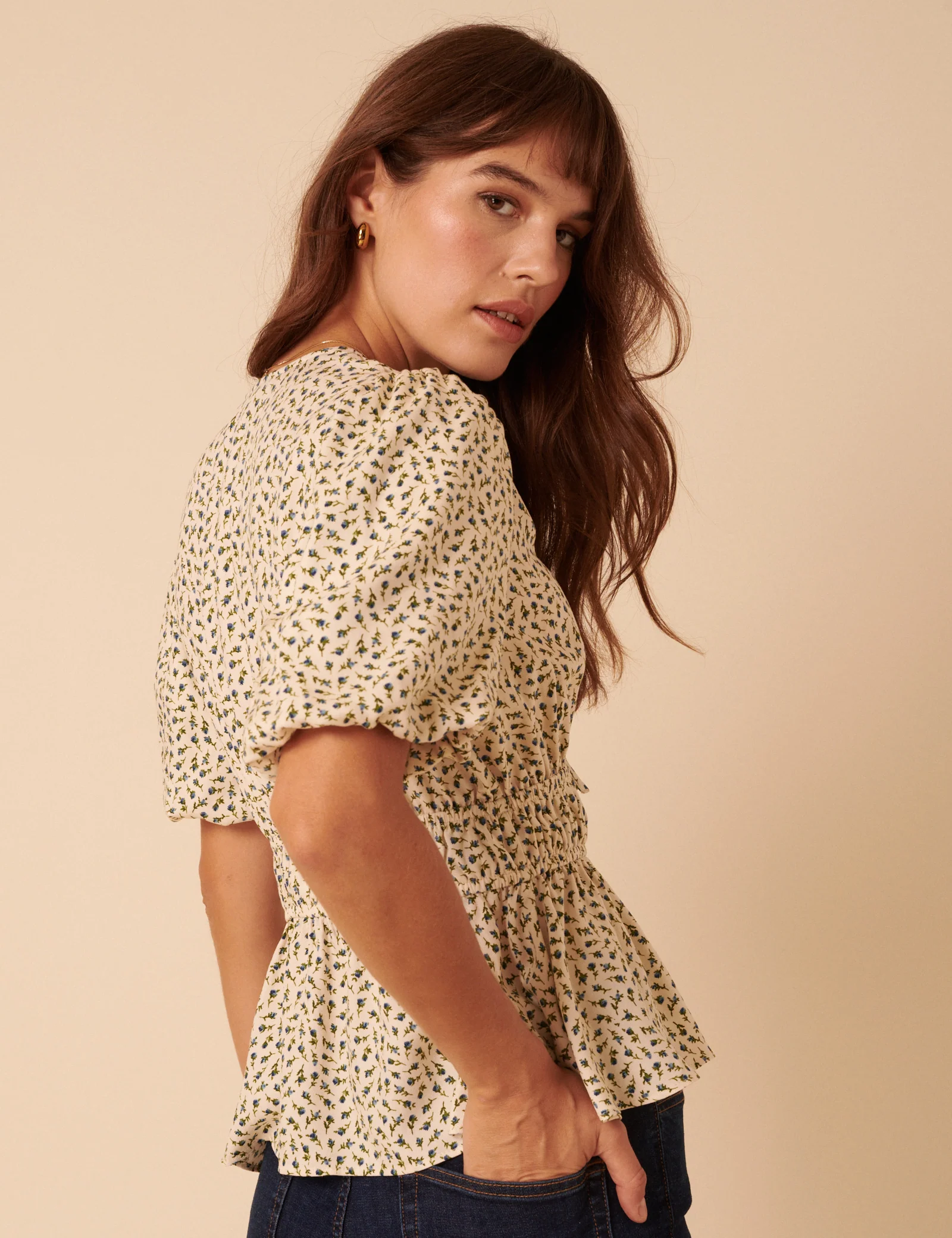 Cream Ditsy Floral V-Neck Blouse - Image 3