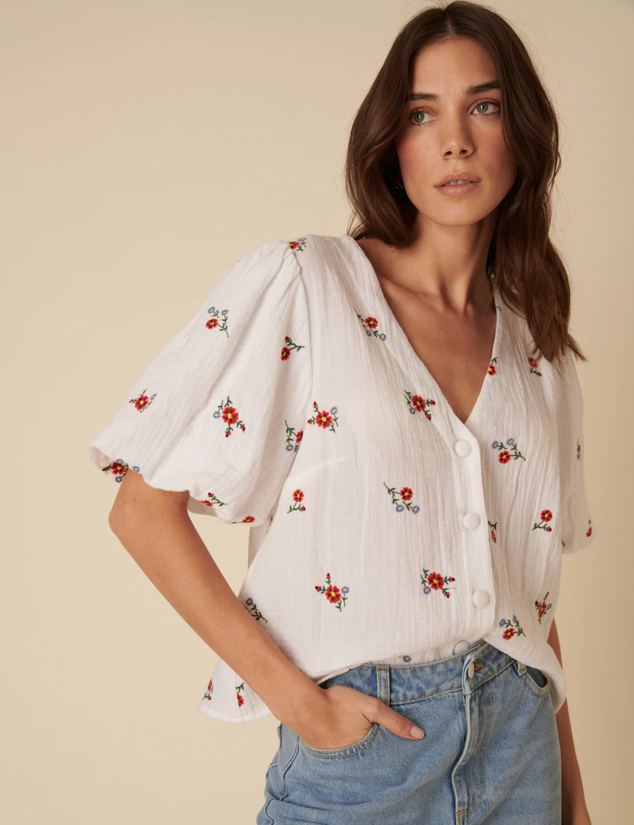 Cream Floral Embroidered Puff Sleeve Top - Image 3