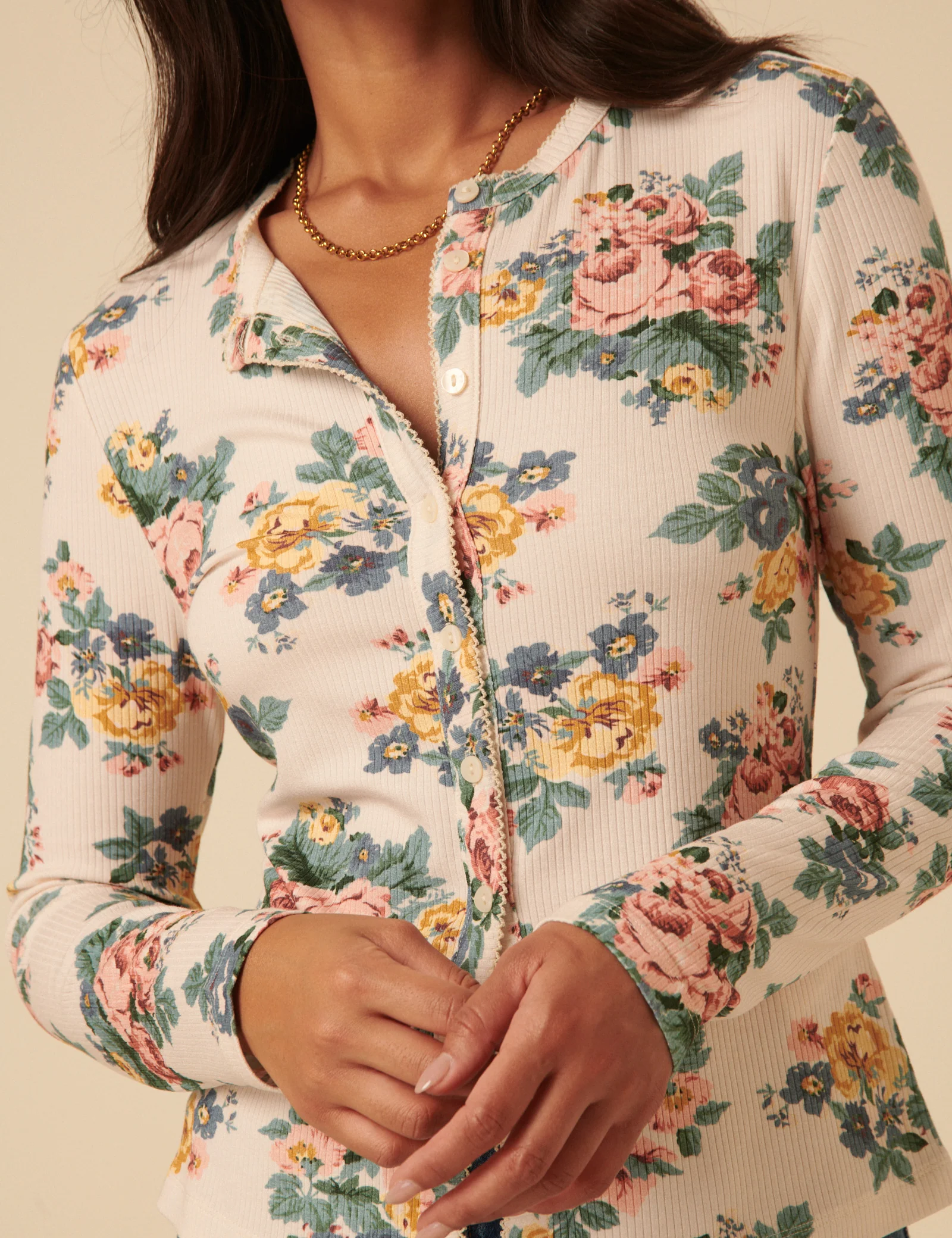 Cream Floral Printed Cardigan - Image 2