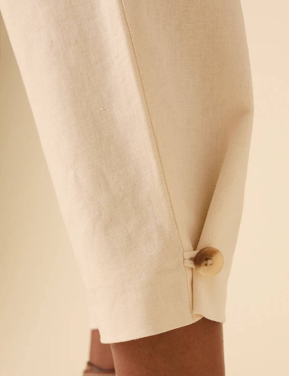 Cream Linen-Blend Barrel Leg Trousers - Image 2