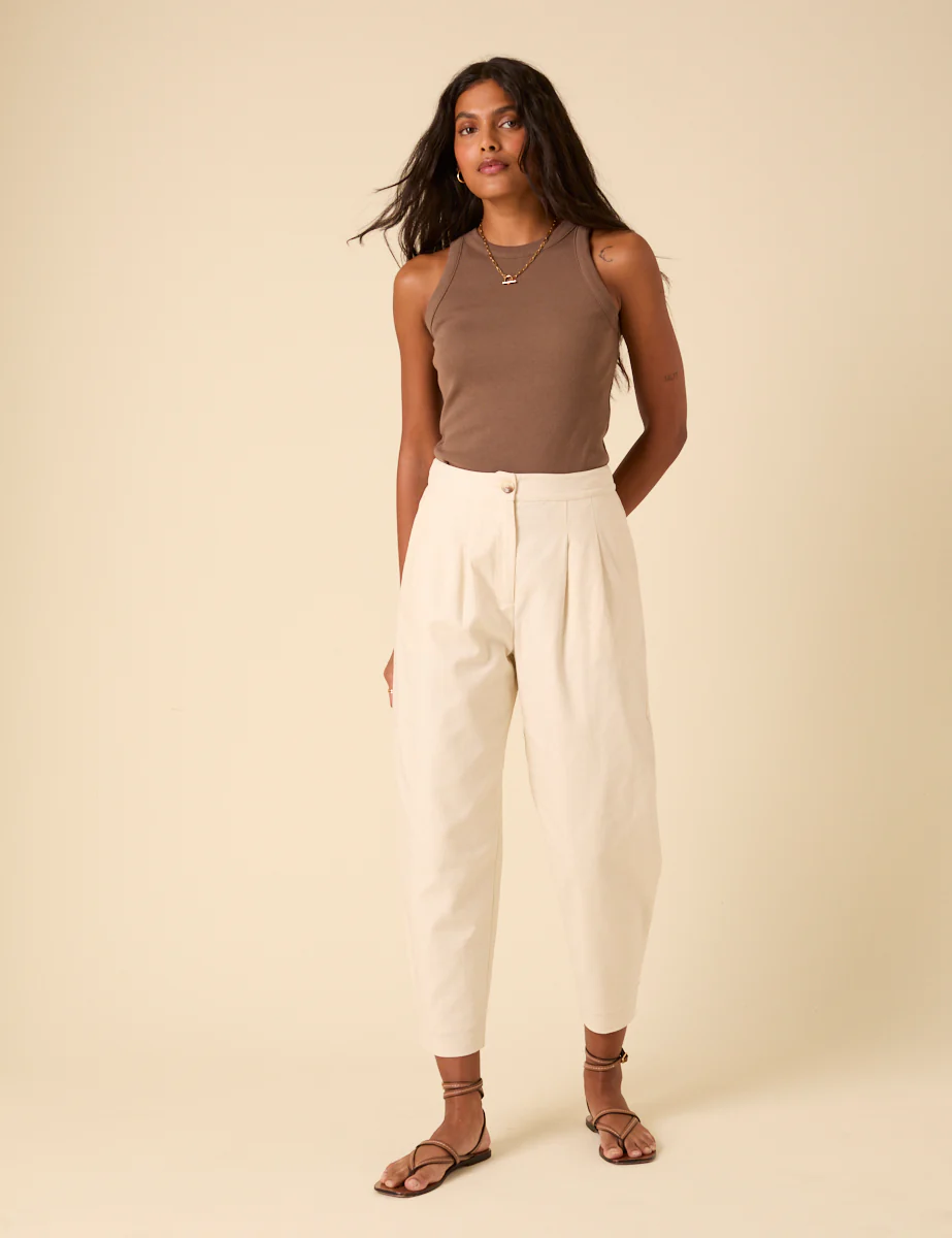 Cream Linen-Blend Barrel Leg Trousers - Image 3