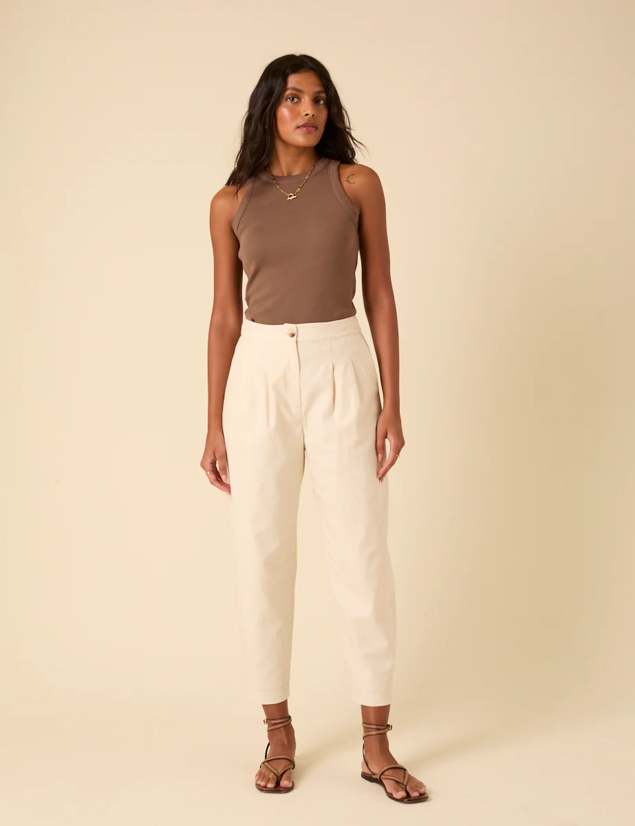 Cream Linen-Blend Barrel Leg Trousers - Image 4