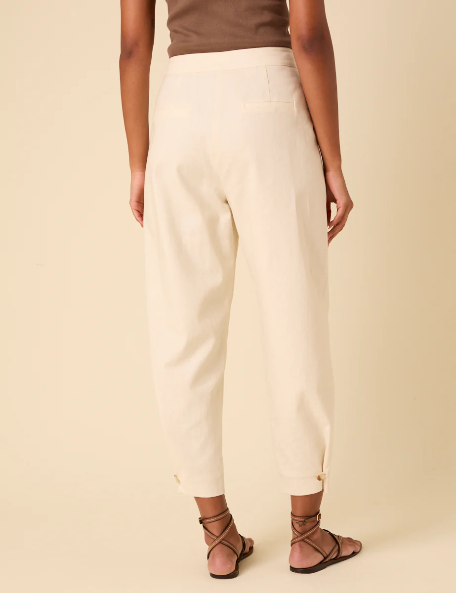 Cream Linen-Blend Barrel Leg Trousers - Image 5