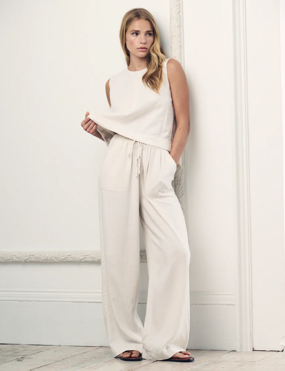 Cream Linen-Blend Wide Leg Shona Trousers - Image 2