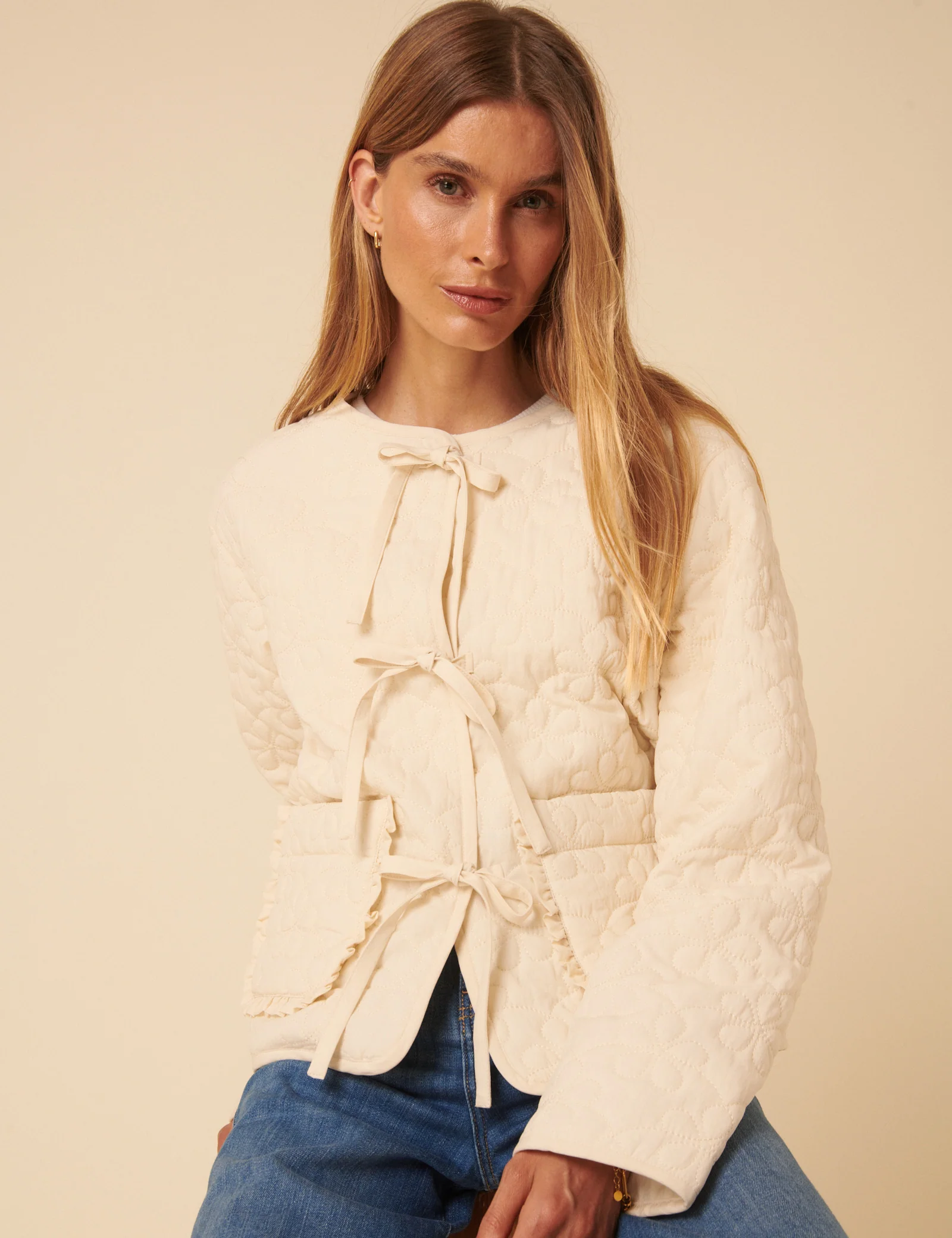 Cream Tie-Front Quilted Jacket - Image 2