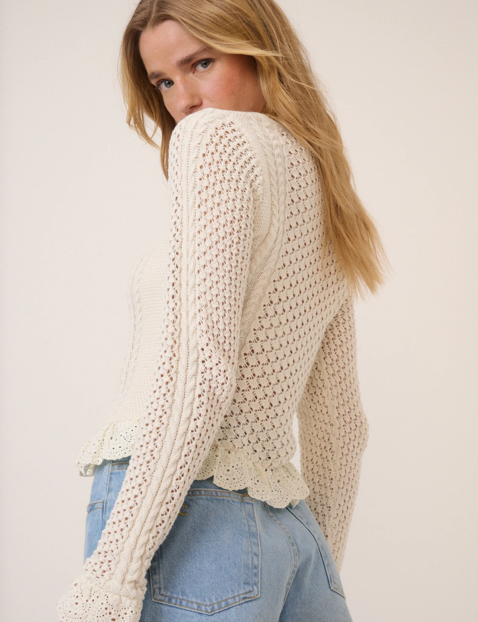 Cream Pointelle Frill Button Through Cardigan - Image 5