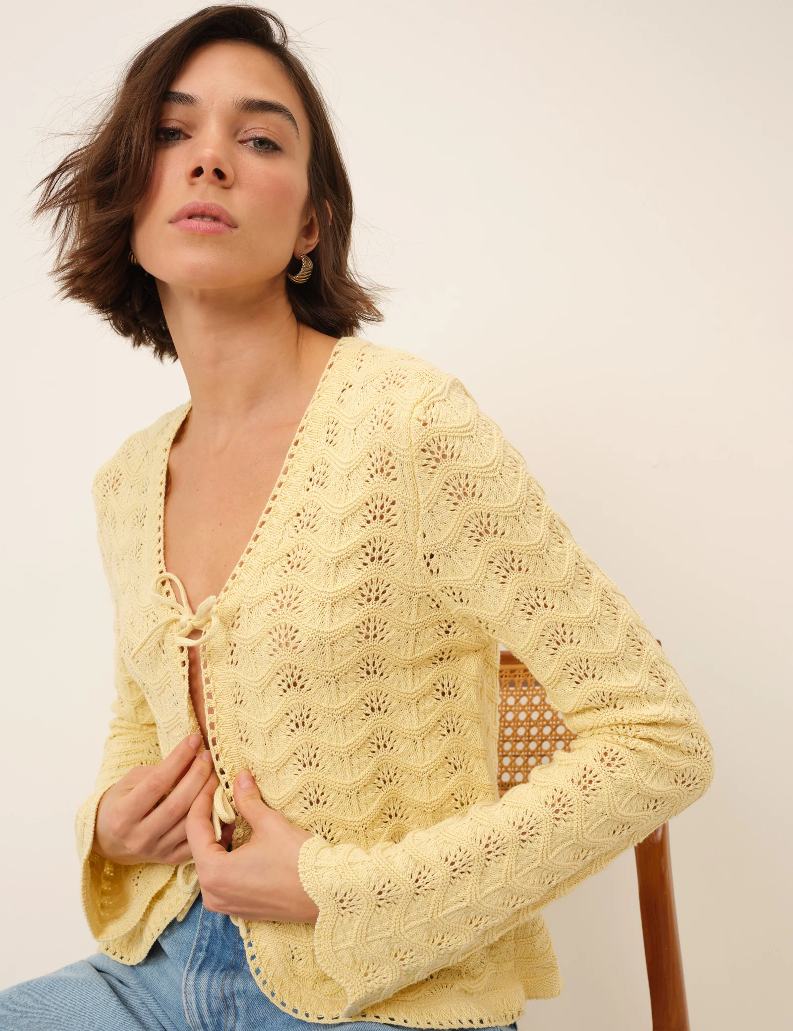 Butter Yellow Pointelle Knit Cardigan - Image 2