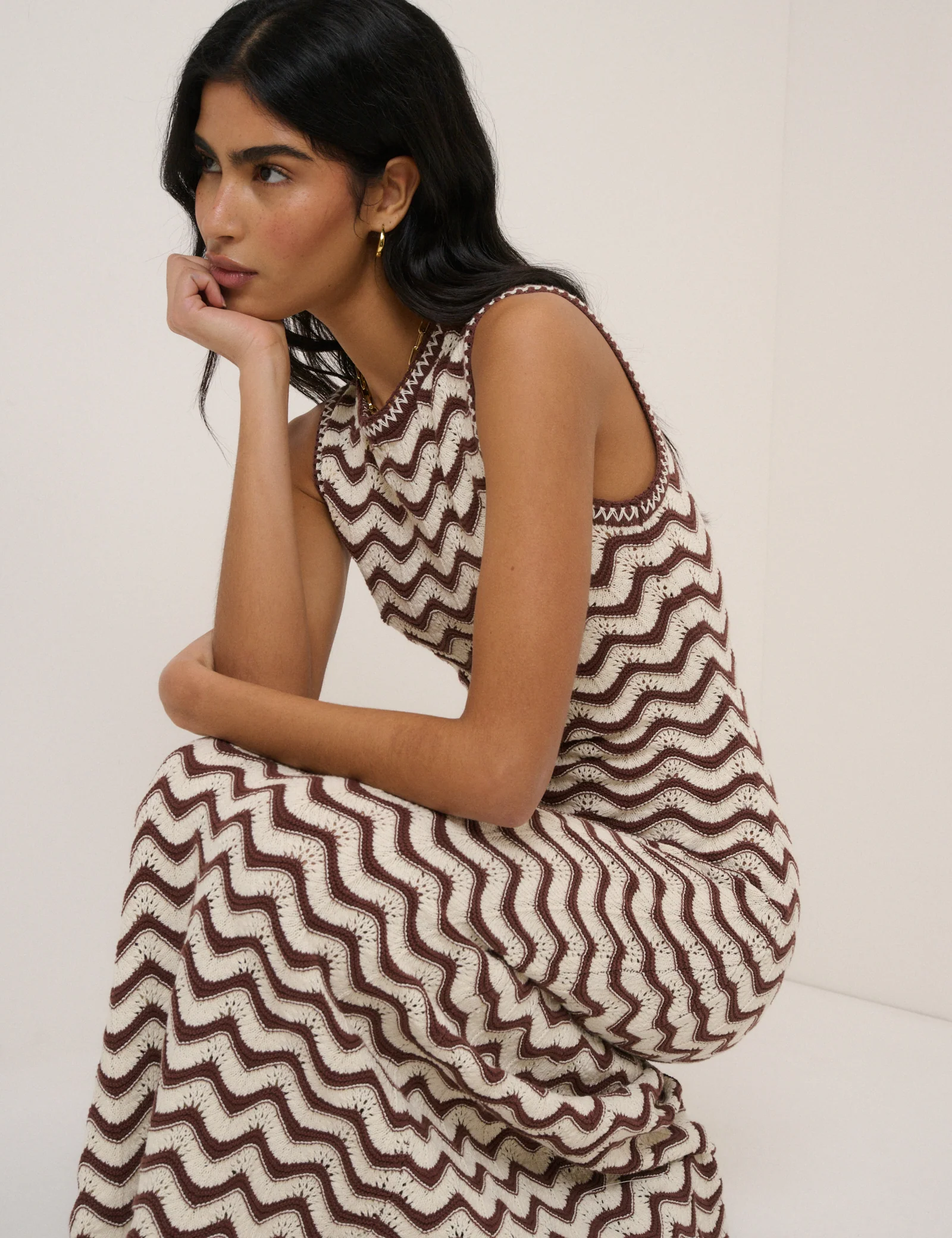 Cream And Brown Pointelle Knitted Midi Dress - Image 2