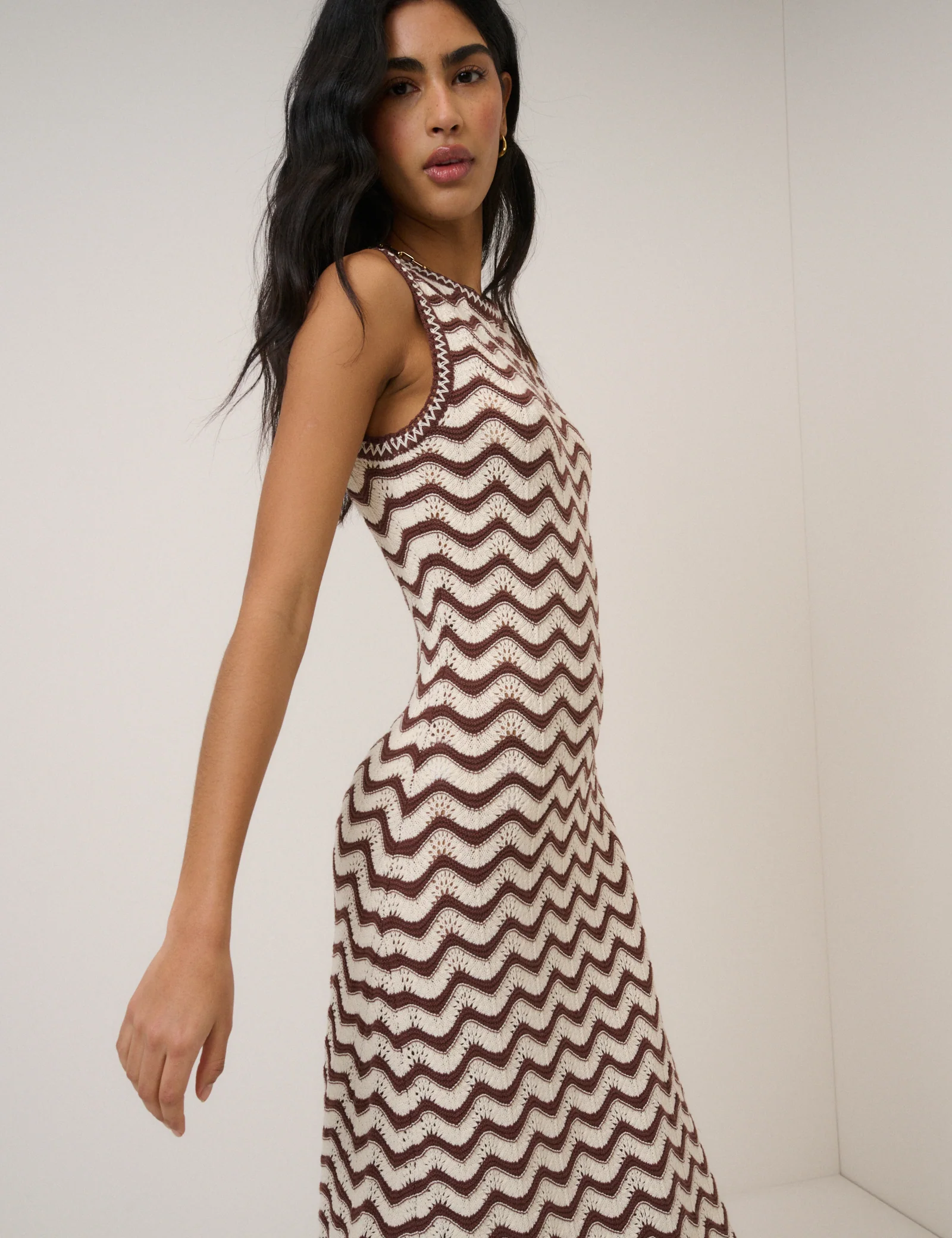 Cream And Brown Pointelle Knitted Midi Dress - Image 3