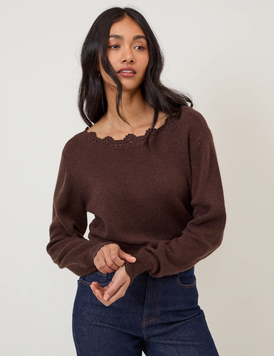 Chocolate Brown Crochet Trim V-Neck Jumper - Image 2