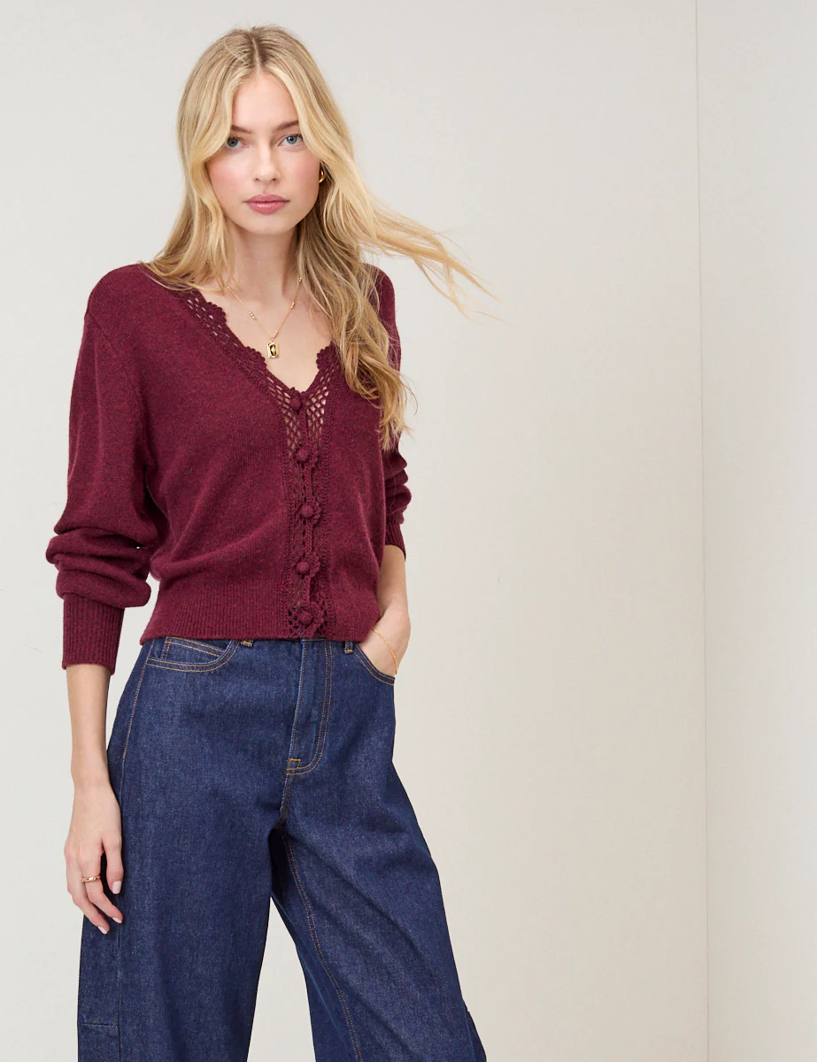 Burgundy Crochet Trim V-Neck Cardigan - Image 3
