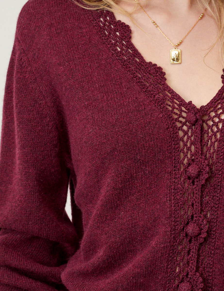 Burgundy Crochet Trim V-Neck Cardigan - Image 4