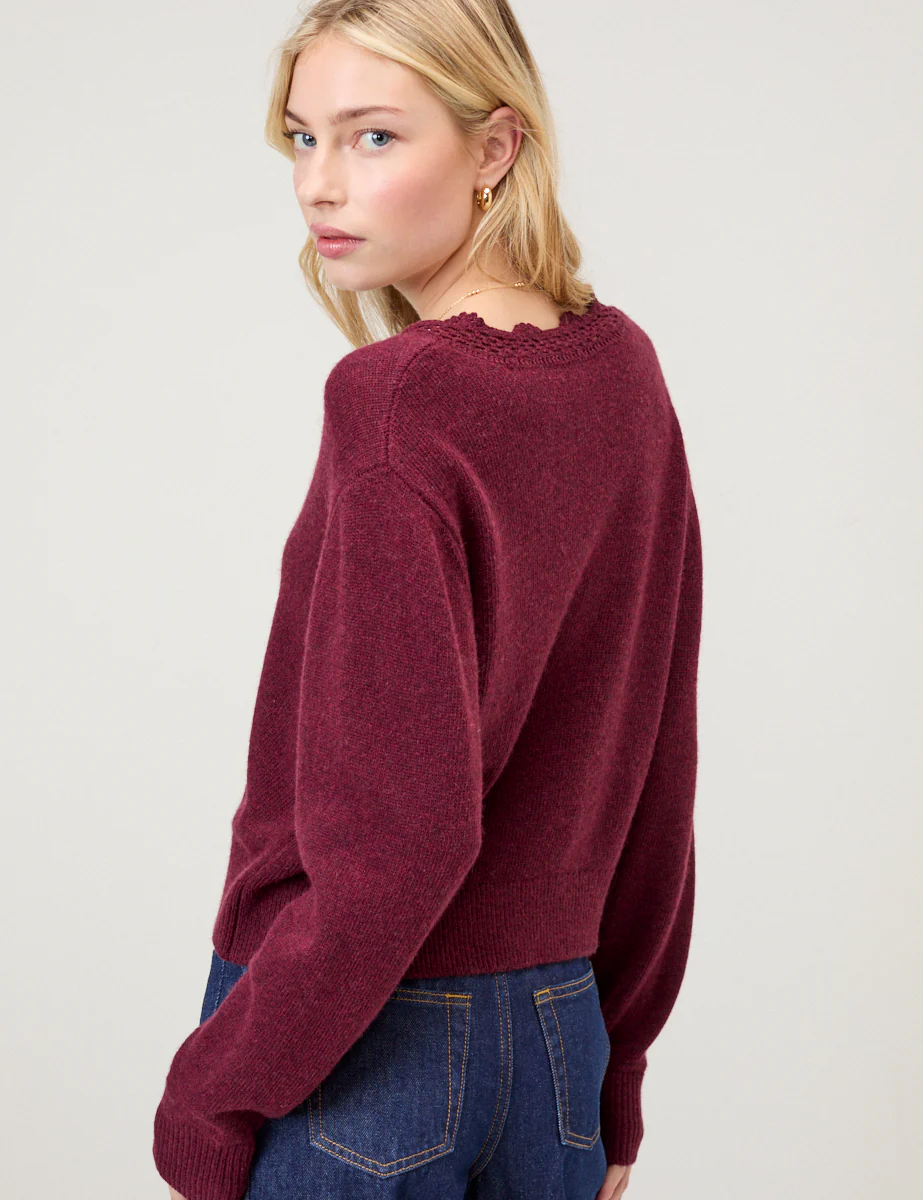 Burgundy Crochet Trim V-Neck Cardigan - Image 5